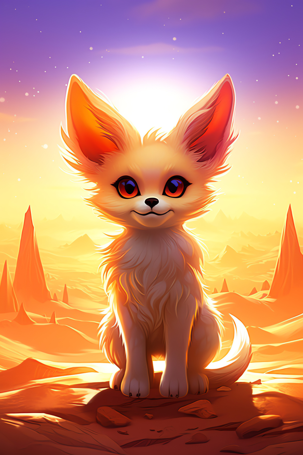 Fennekin's desert resilience, Barren sandscape, Dunes as an arena, Daystar intensity, Survival adaptation, HD Phone Image