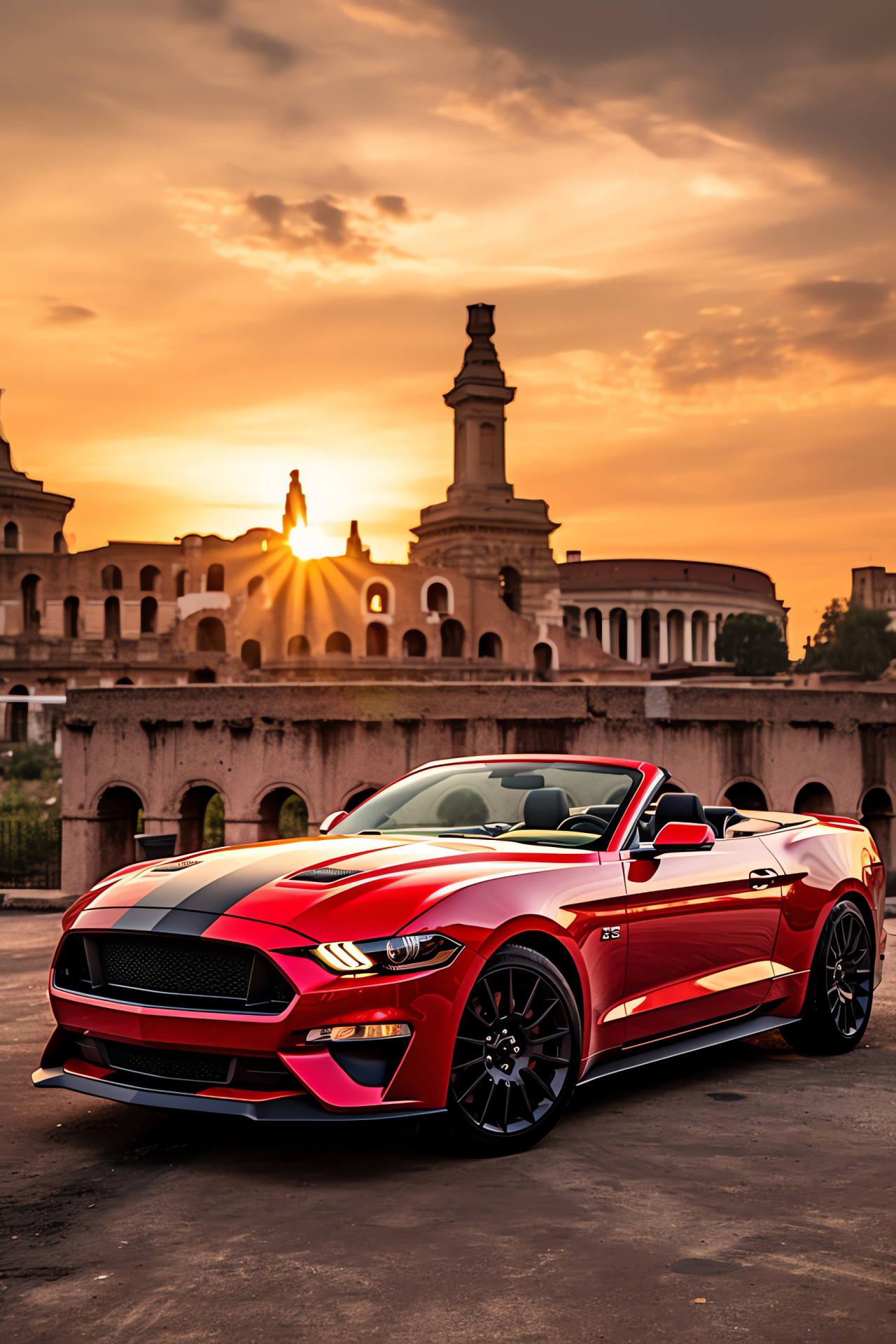 Roman holiday Mustang, Colosseum scene, Italian motoring flair, GT convertible, Culture blending, HD Phone Wallpaper