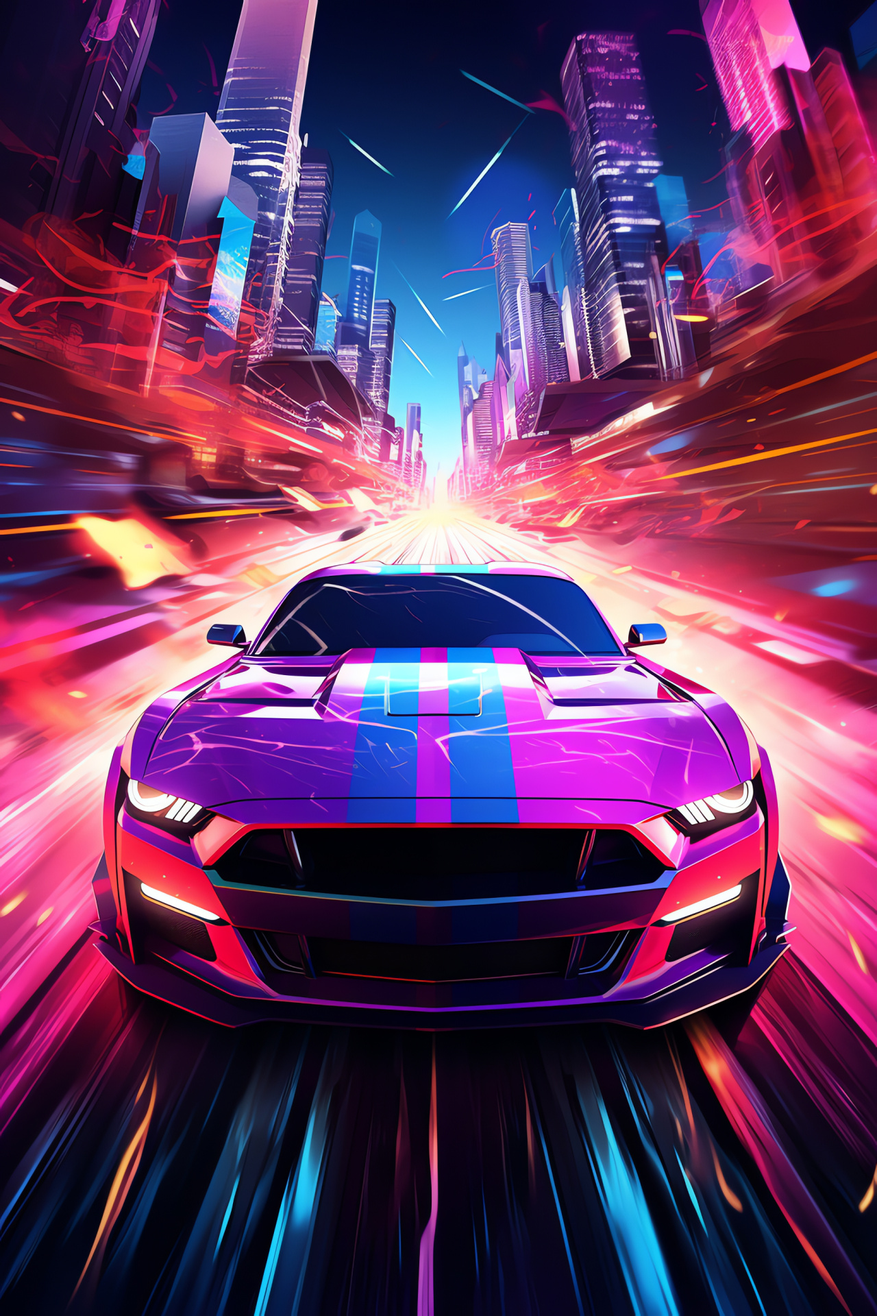 Futuristic Mustang, Aerial perspective, Neon-lit fantasy, Future cityscape, Pony car fiction, HD Phone Wallpaper