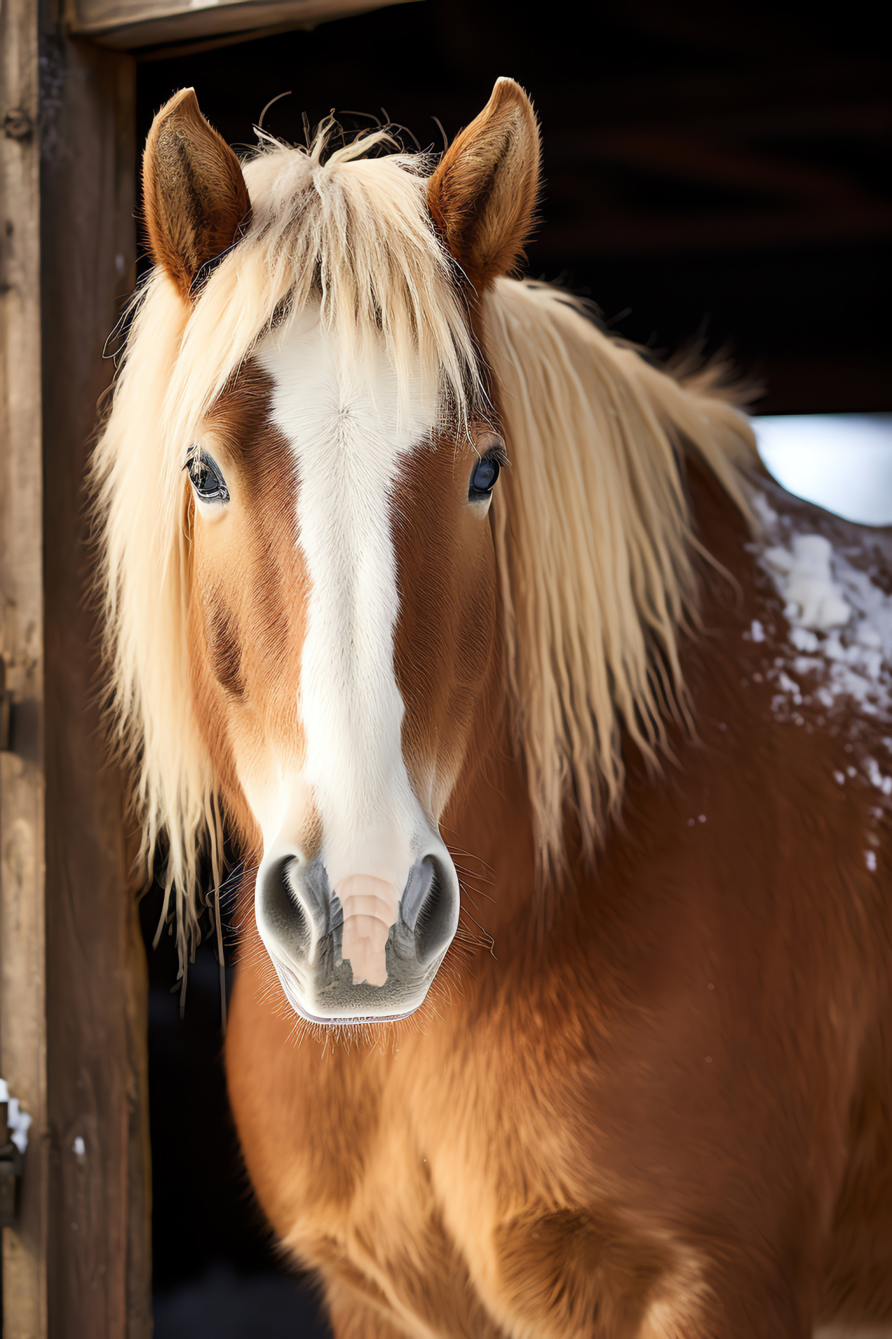 Draft horse, rustic barn setting, equine warmth, amber gaze, sunlit hair, HD Phone Image