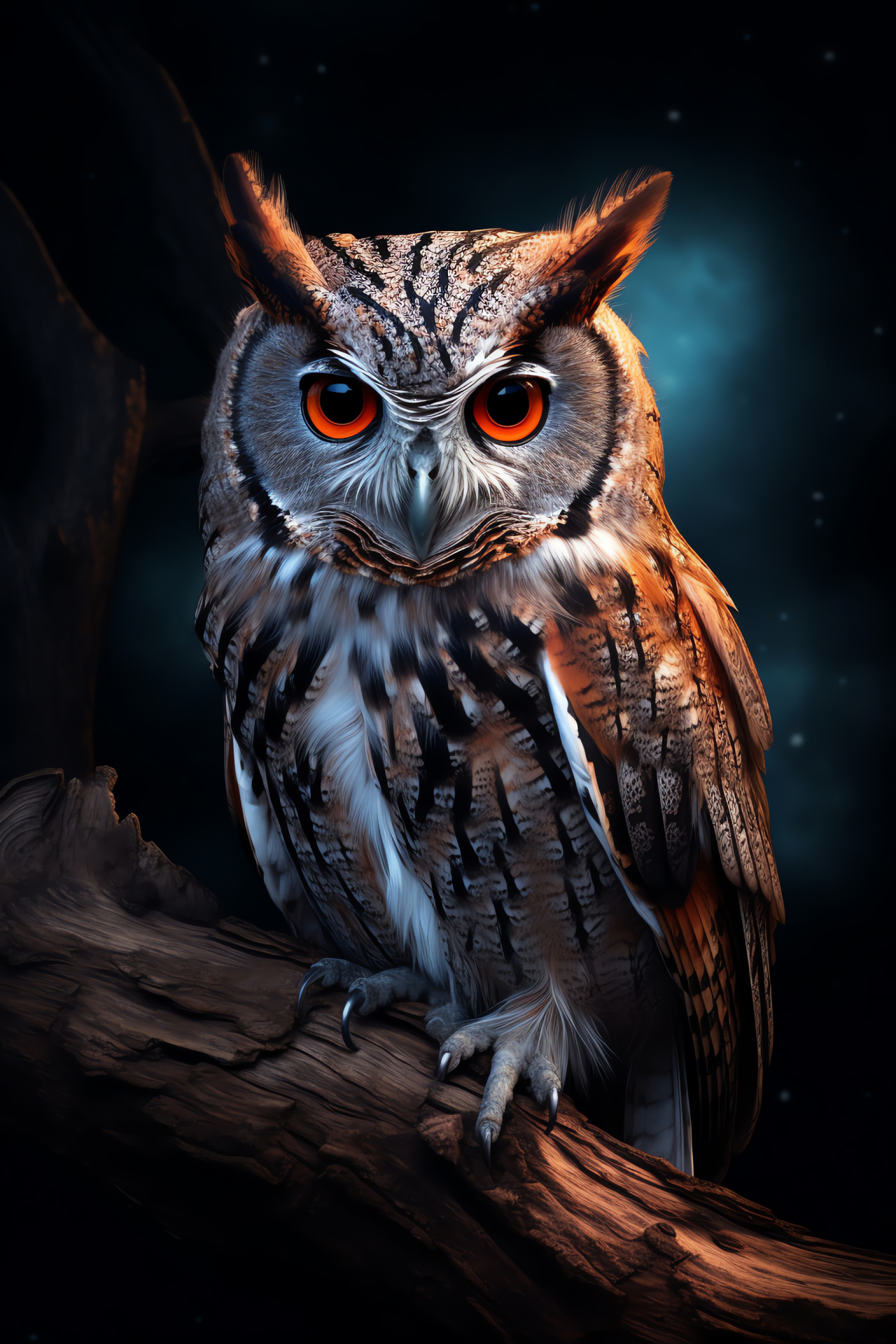 Screech Owl gaze, Nocturnal bird form, Grey plumage, Quiet moonlit aura, Feathered silhouette, HD Phone Image