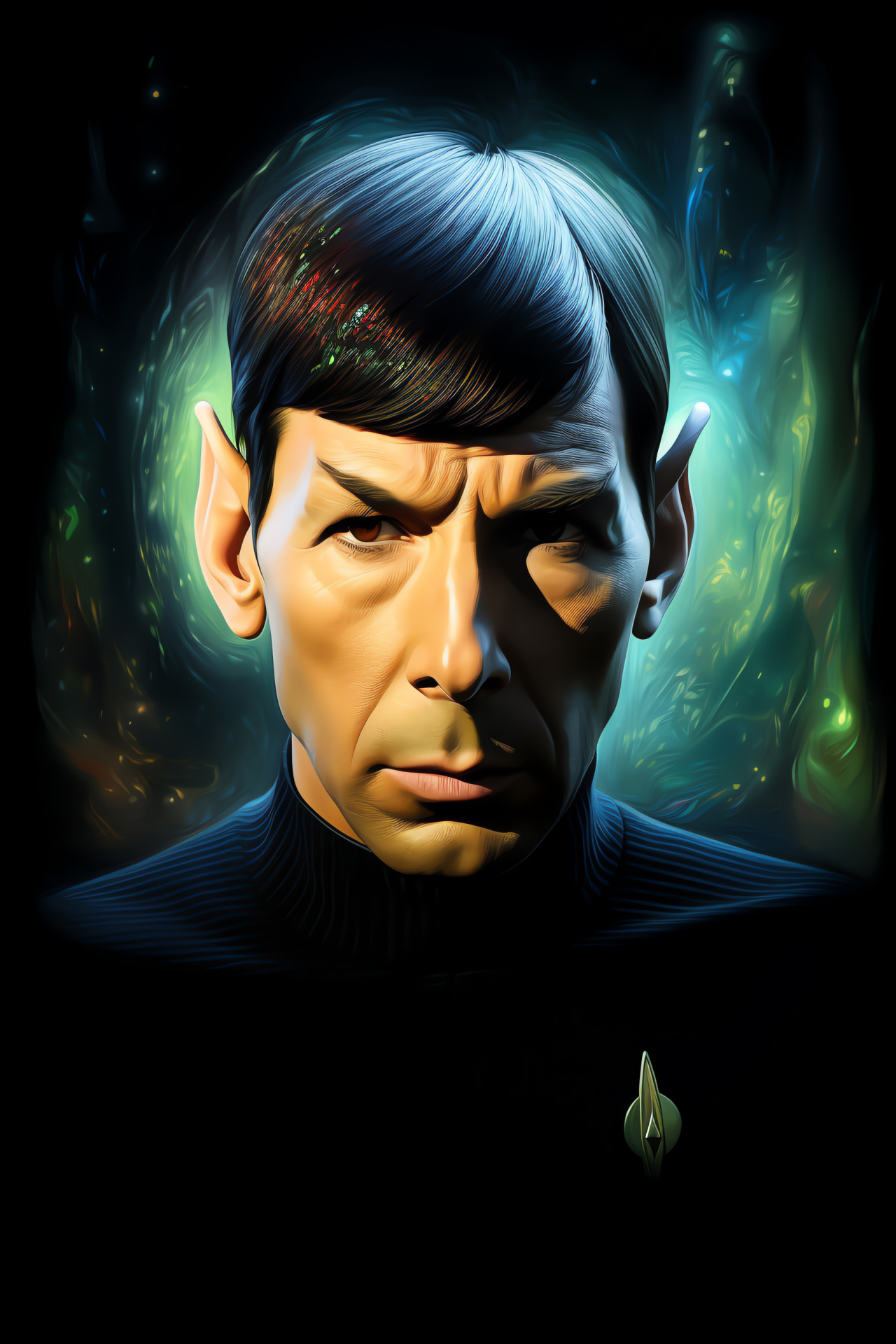 Mr. Spock persona, Pointed Vulcan appendages, Unwavering Vulcan mien, Earth-toned oculars, Starfleet azure garb, HD Phone Image