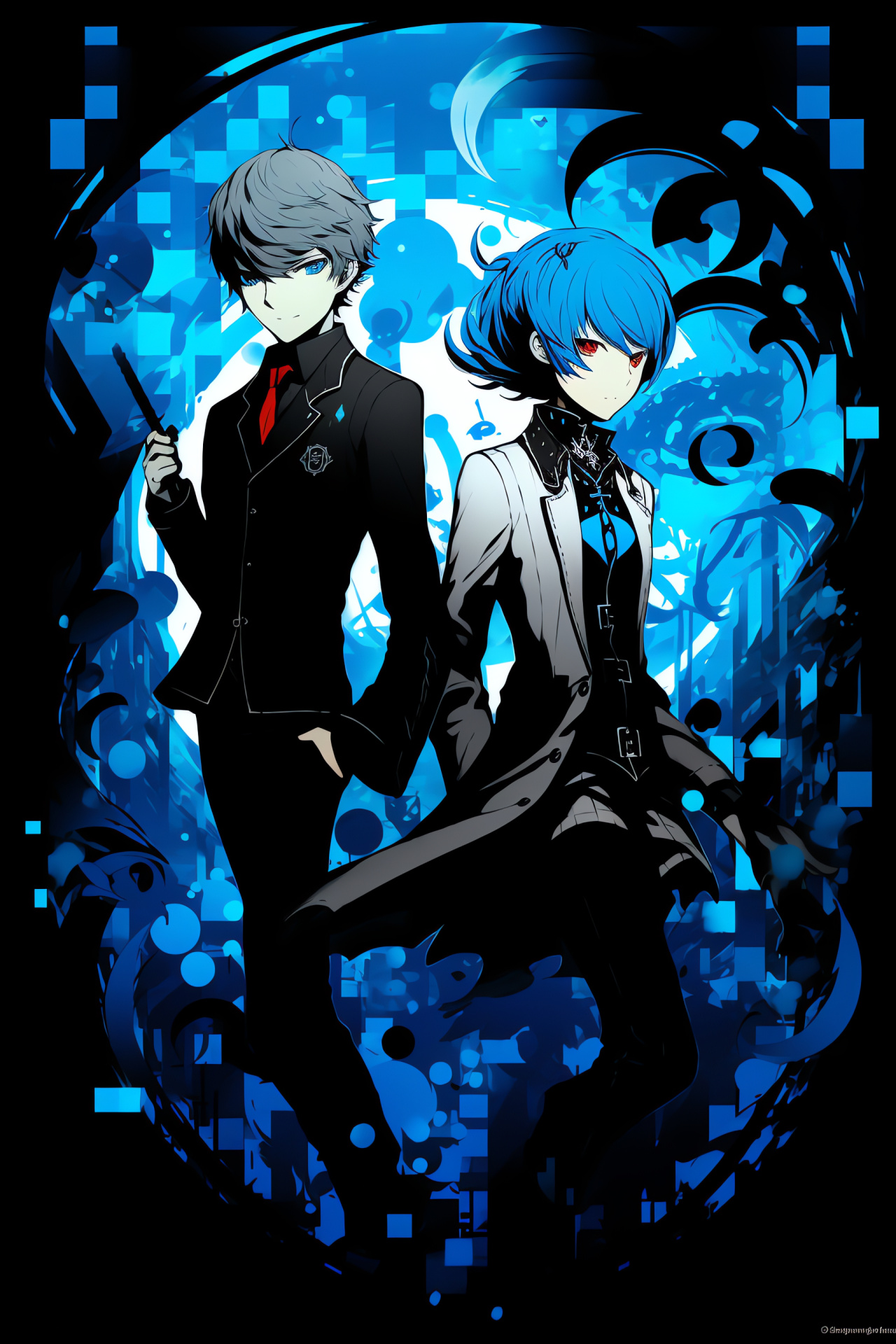 Persona Q, Mitsuru Kirijo persona, Akihiko Sanada's persona, Role-playing silhouette, Enigmatic avatar eyes, HD Phone Image