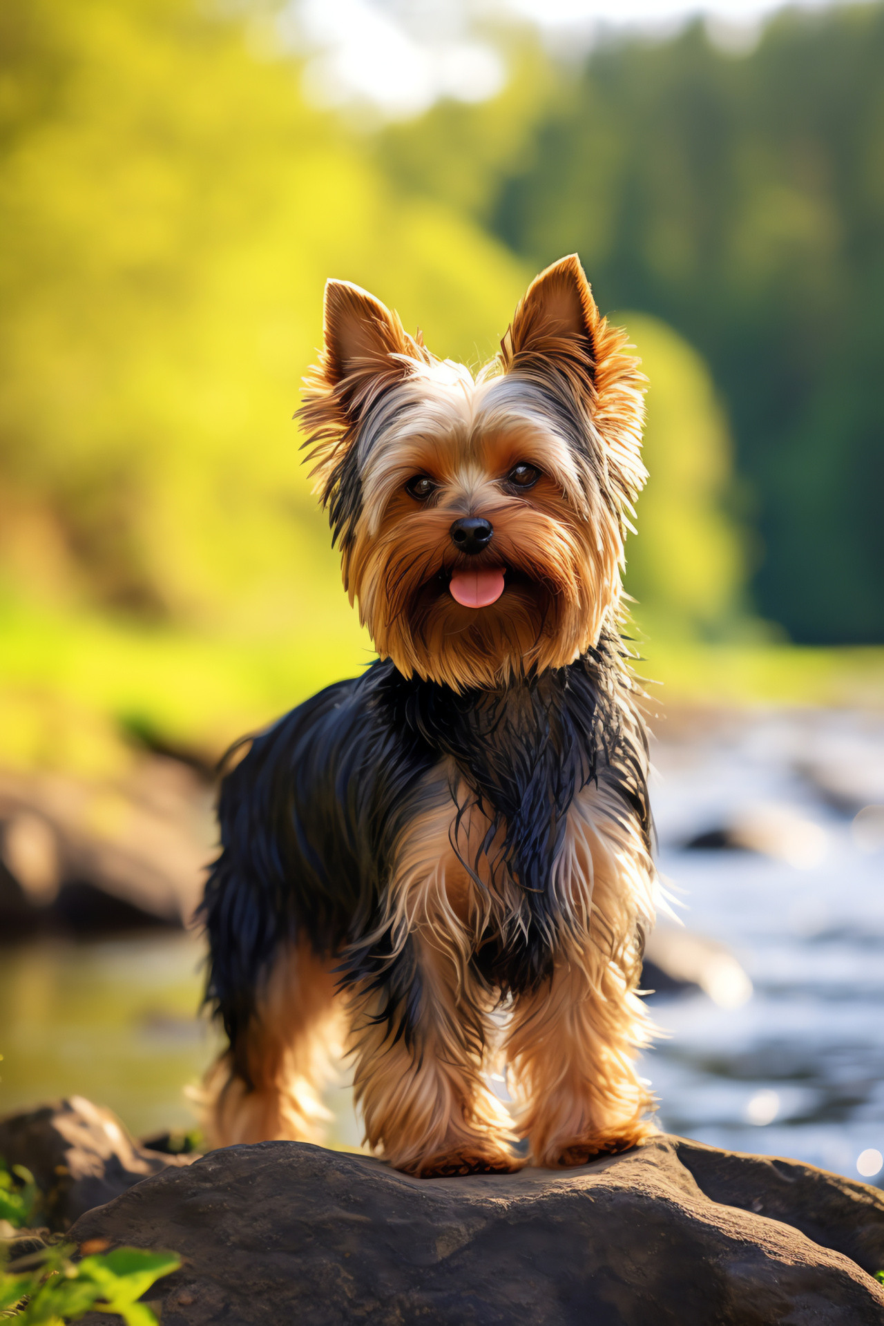 Sharp-eyed Yorkshire Terrier, sleek canine profile, short pet fur, pure black background, HD Phone Image