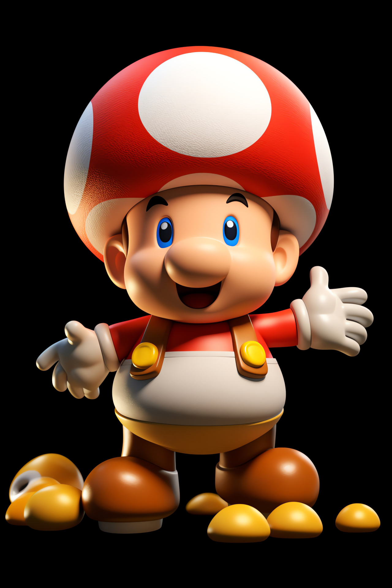 Toad figure, Mushroom Kingdom native, cobalt attire, jovial expression, obsidian stare, HD Phone Wallpaper