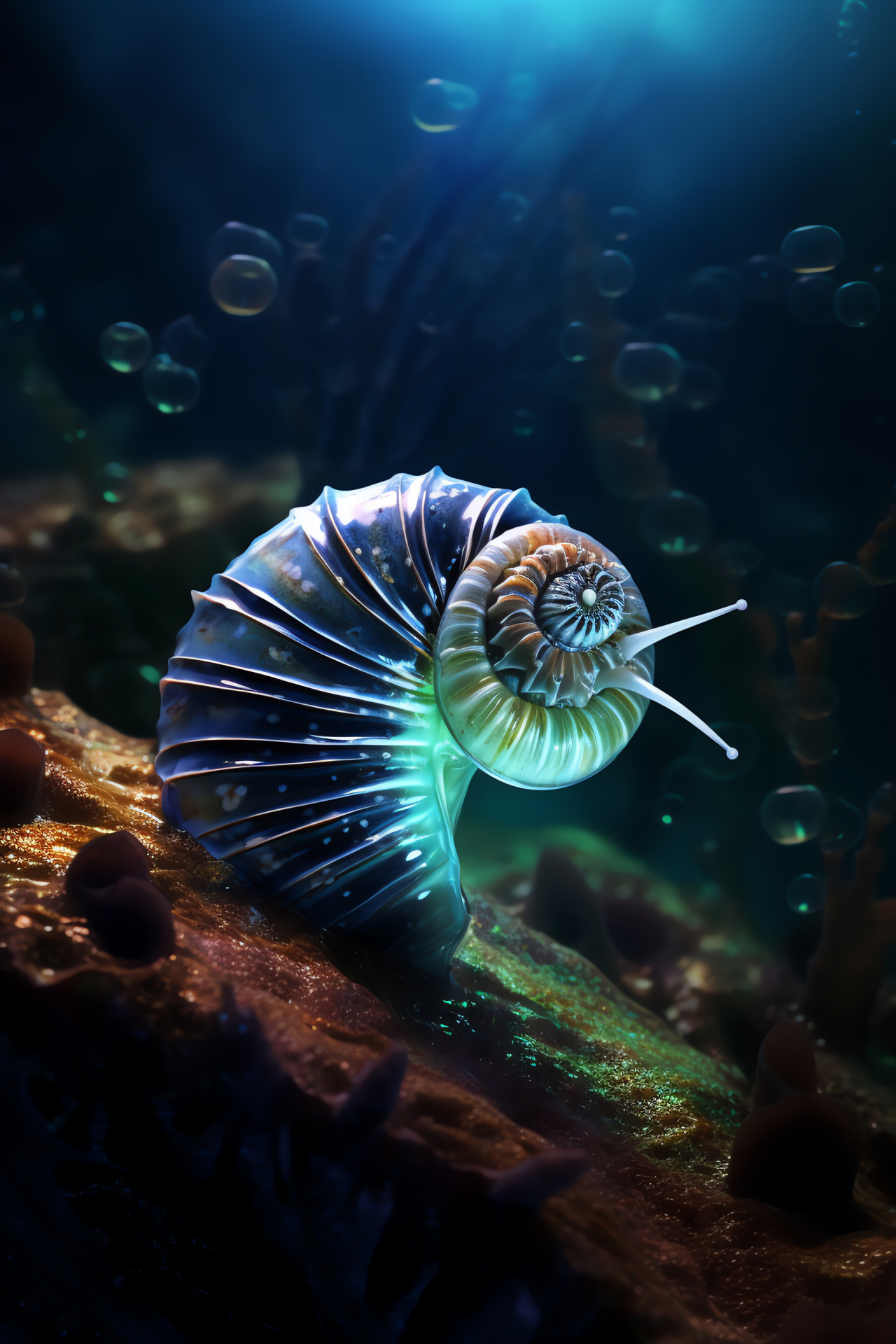 Cephalopod Nautilus, Marine twilight realm, Elusive sea creature, Glowing facade, Deep sea explorer, HD Phone Wallpaper