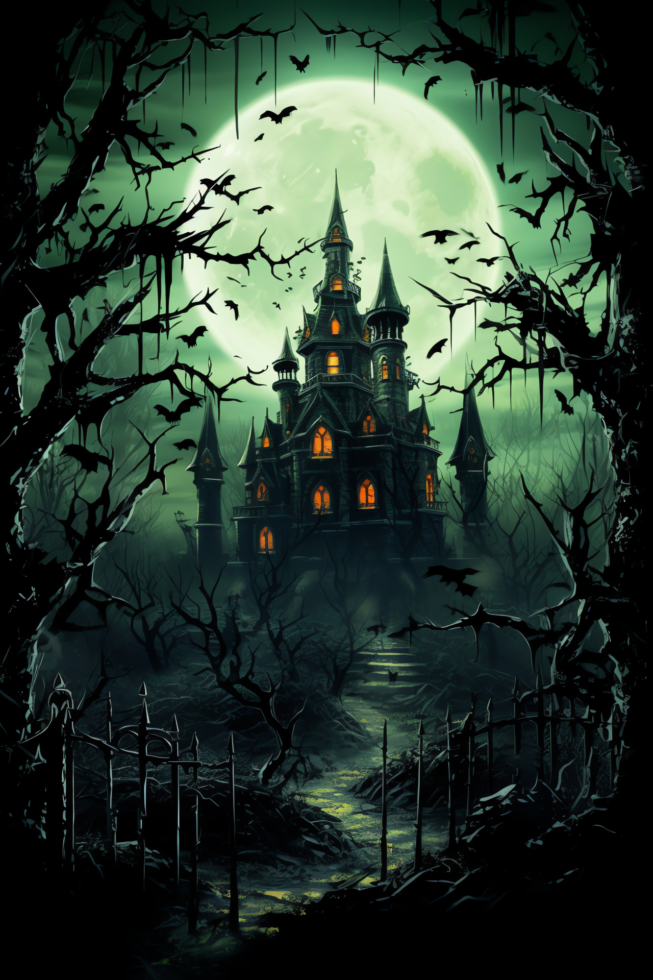 Mysterious castle, lunar backdrop, forested silhouette, chilling ambiance, Halloween lore, HD Phone Wallpaper