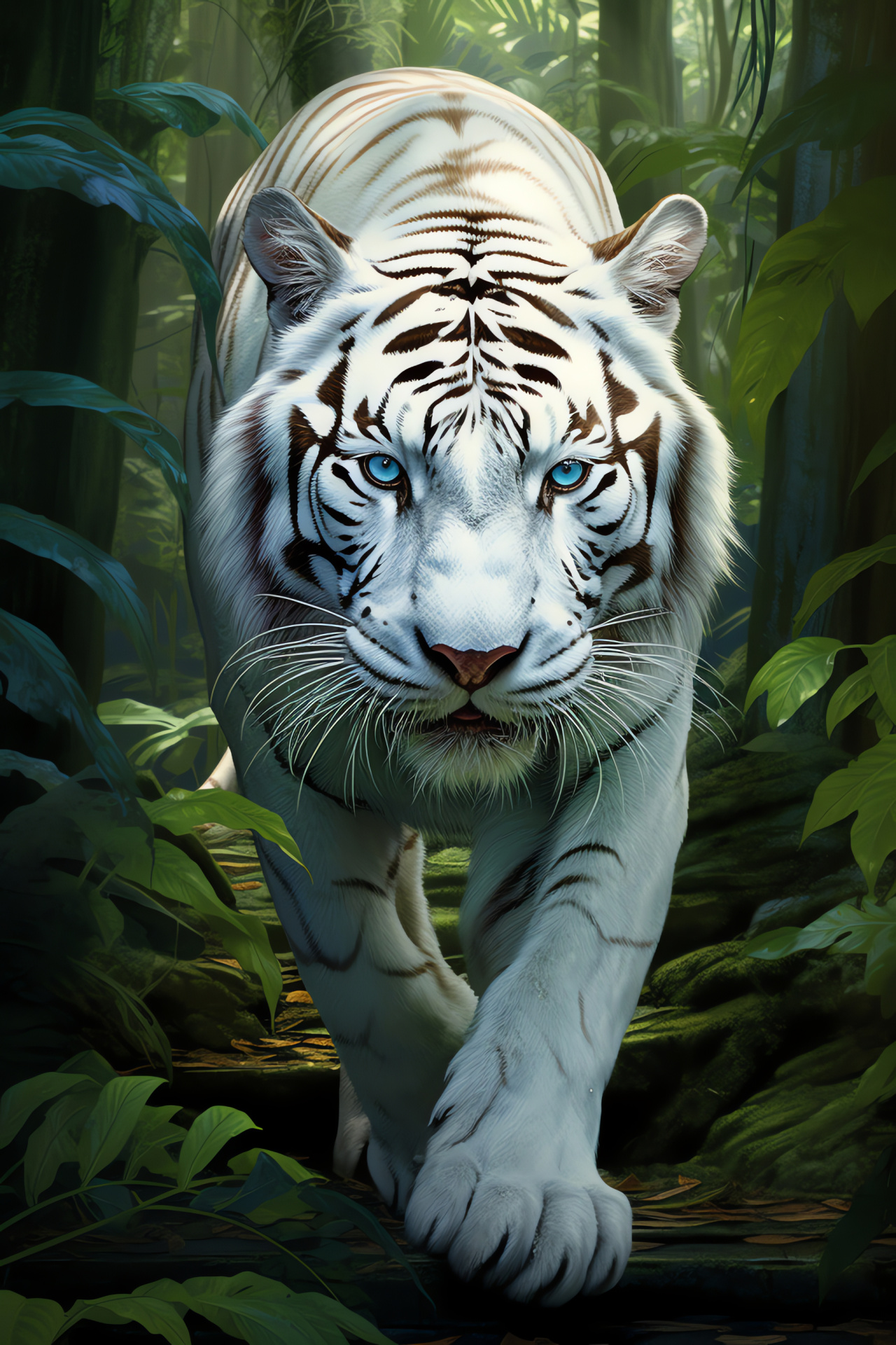 Exotic feline, White Bengal Tiger, Amethyst eyes, Lush habitat, Pure alabaster, HD Phone Wallpaper