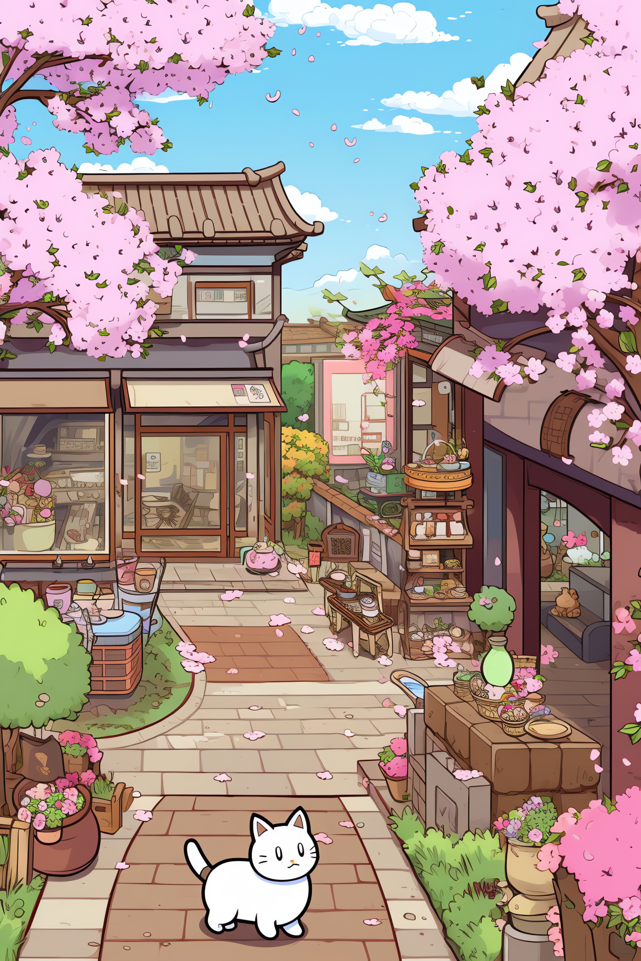 Neko Atsume gameplay, virtual street scene, animated dwellings, sakura blossoms, feline-themed, HD Phone Wallpaper