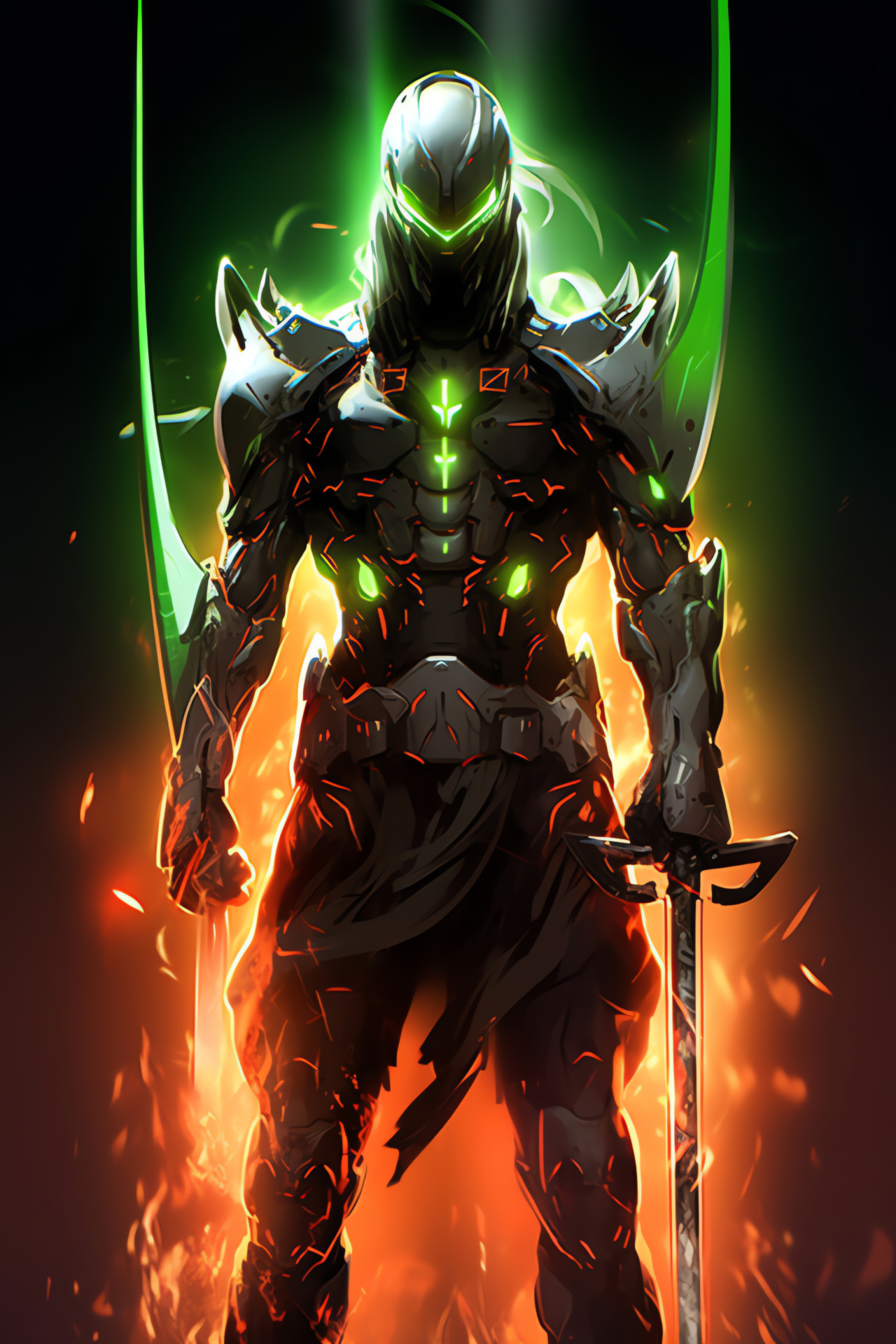 Overwatch Genji midst duel, piercing stare, cyber-combat readiness, katana elegance, ninja silhouette, HD Phone Image