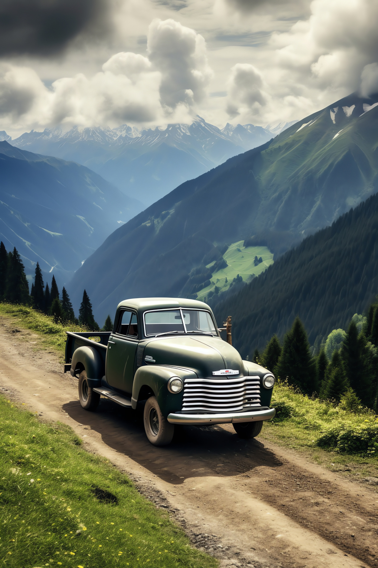 Chevy truck heritage, Mountainous terrain, Mechanical robustness, Classic transport, Nostalgic design, HD Phone Image