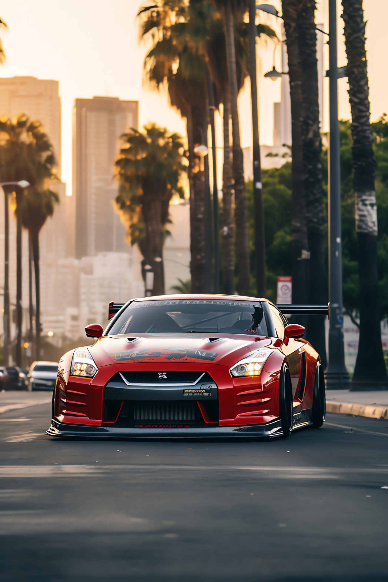 Nissan GTR Liberty Walk in LA, Custom car scene, Californian palm scenery, Hollywood backdrop, Enhanced exhaust note, HD Phone Wallpaper