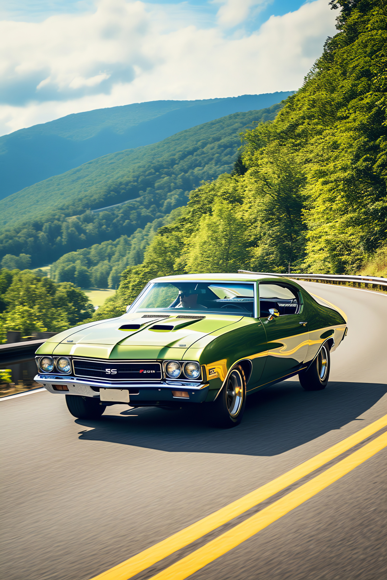 Buick Skylark GSX encounter, Curved mountain journey, Verdant landscape, Performance car maneuver, Road excitement, HD Phone Image