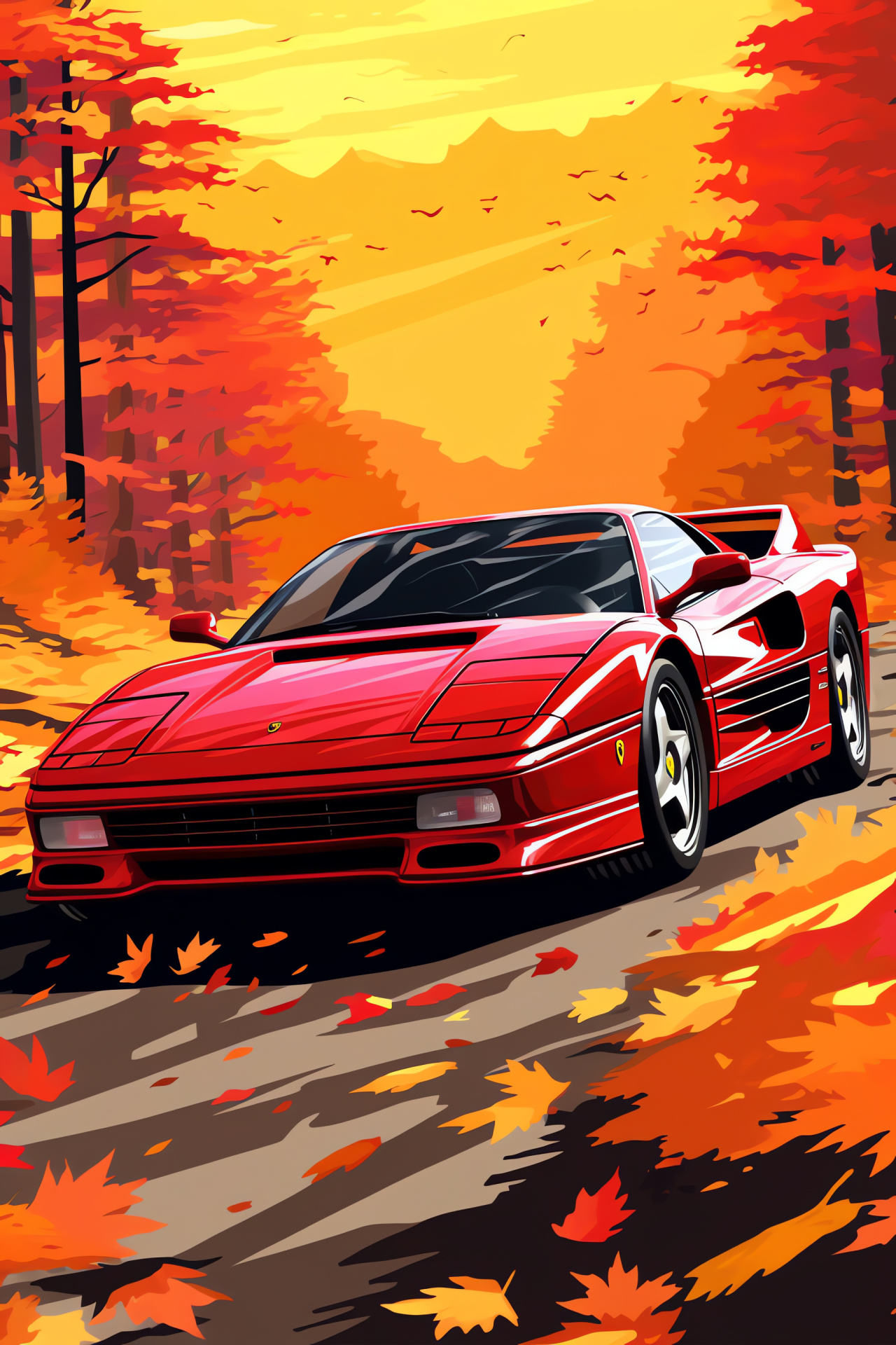 Ferrari Testarossa, Autumn leaves arrangement, Bird-eye road position, Shiny red coating, Seasonal driving environment, HD Phone Wallpaper