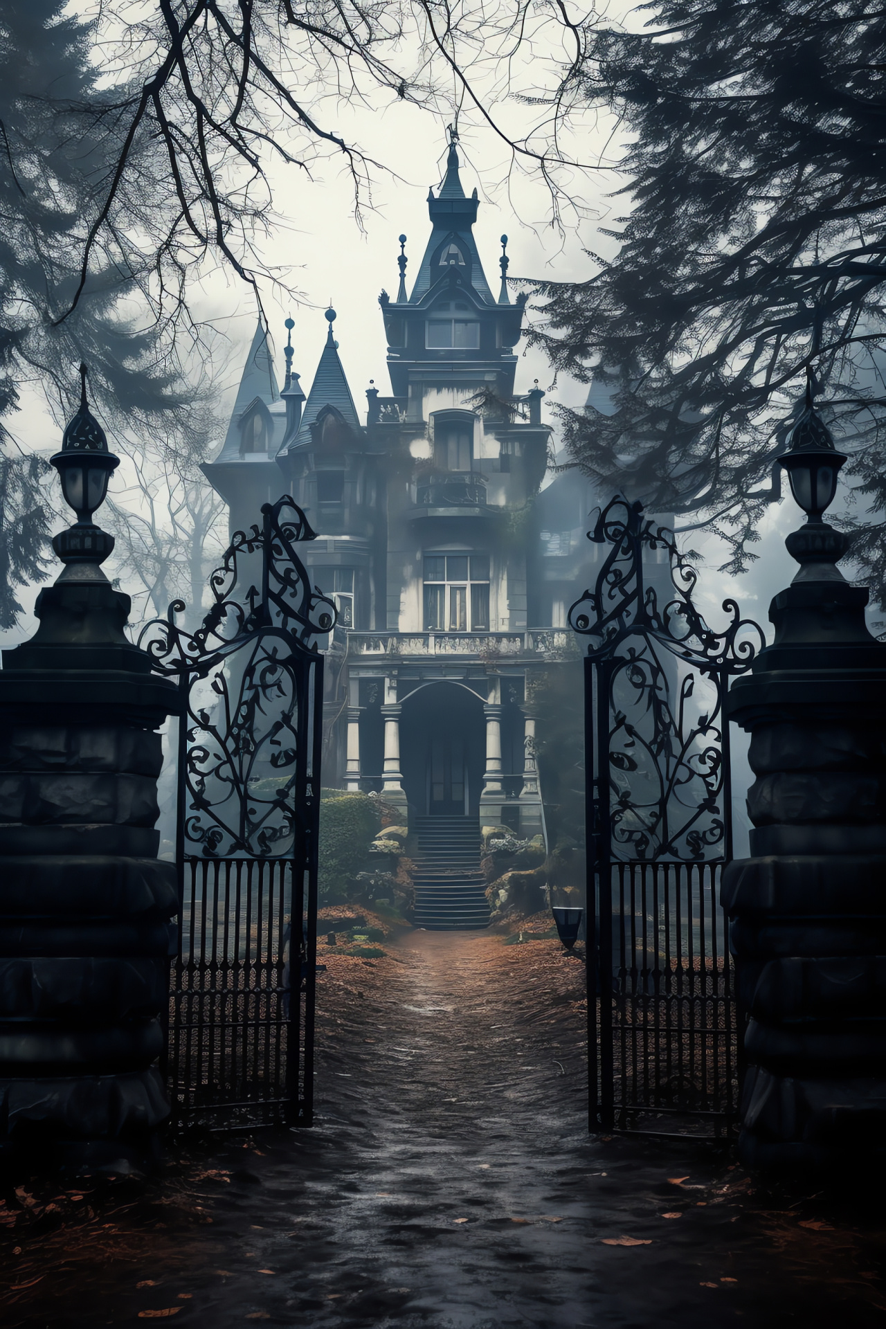 Spooky ambiance, haunted mansion attributes, Halloween evening, Gothic architecture, mysterious shadows, HD Phone Image