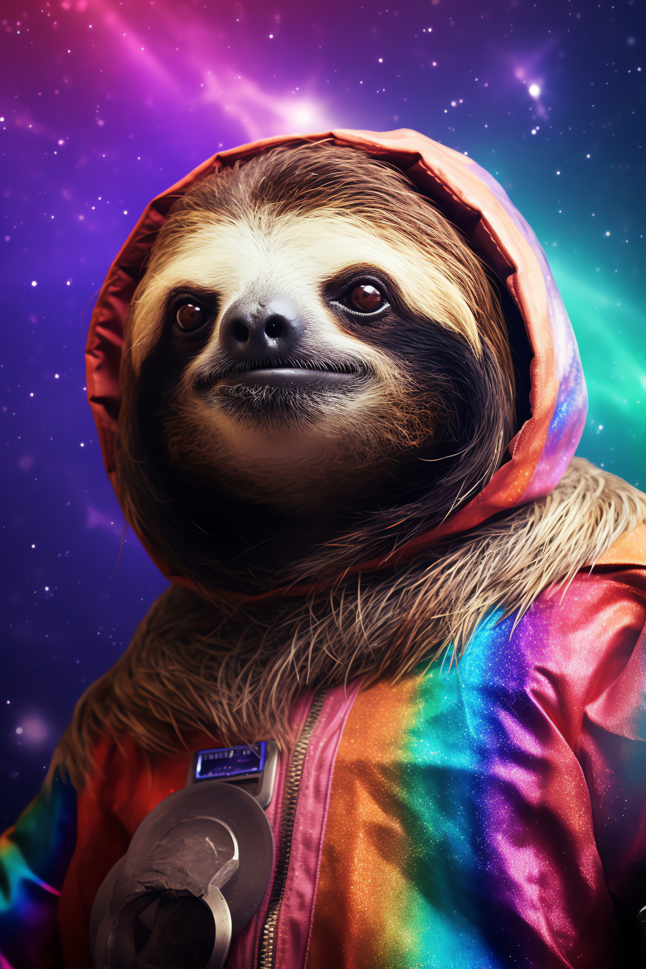 Cosmic Slothstronaut, Iridescent spacewear, Nebula spectrum, Pink, Turquoise, Extraterrestrial lab environment, HD Phone Image