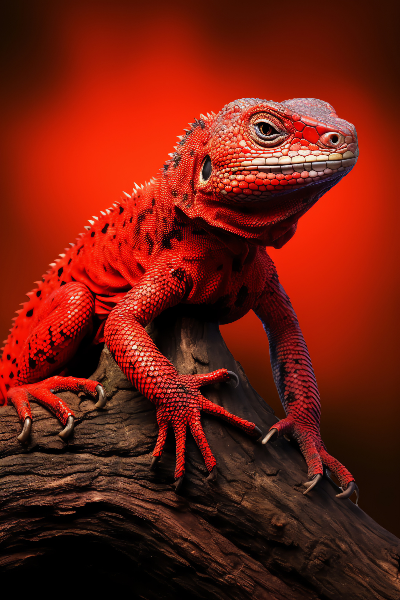 Tree monitor lizard, reptile colorful scales, lizard perching pose, red ambient backdrop, reptile distinct features, HD Phone Image