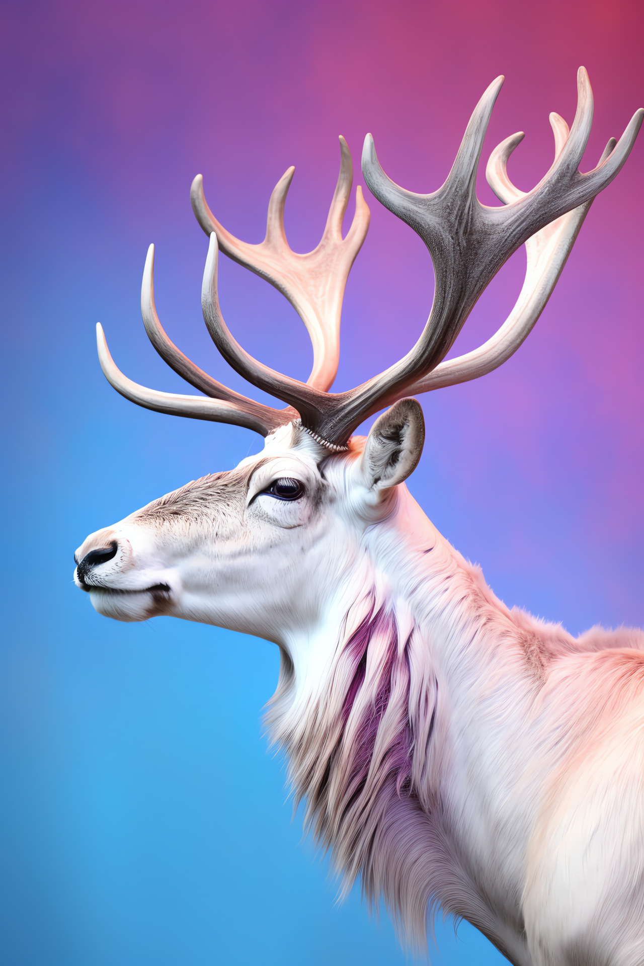 Reindeer profile, Multicolored backdrop, Pink and purple shades, Emerald gaze, Graceful beauty, HD Phone Image