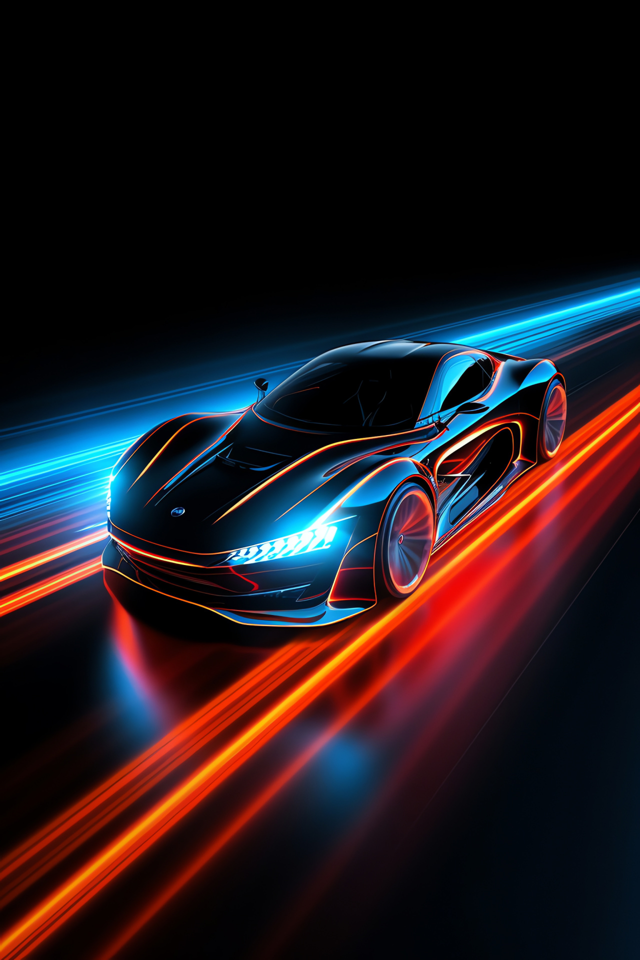 Sleek neon car silhouette, minimalist black setting, broad view, electrifying design elements, HD Phone Image