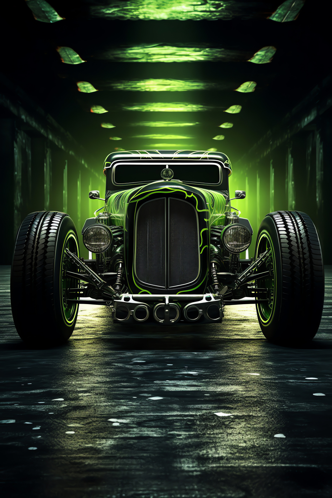 Rat Rod, Unique custom vehicle, Hot rod style, Dark matte finish, Green accents, HD Phone Wallpaper