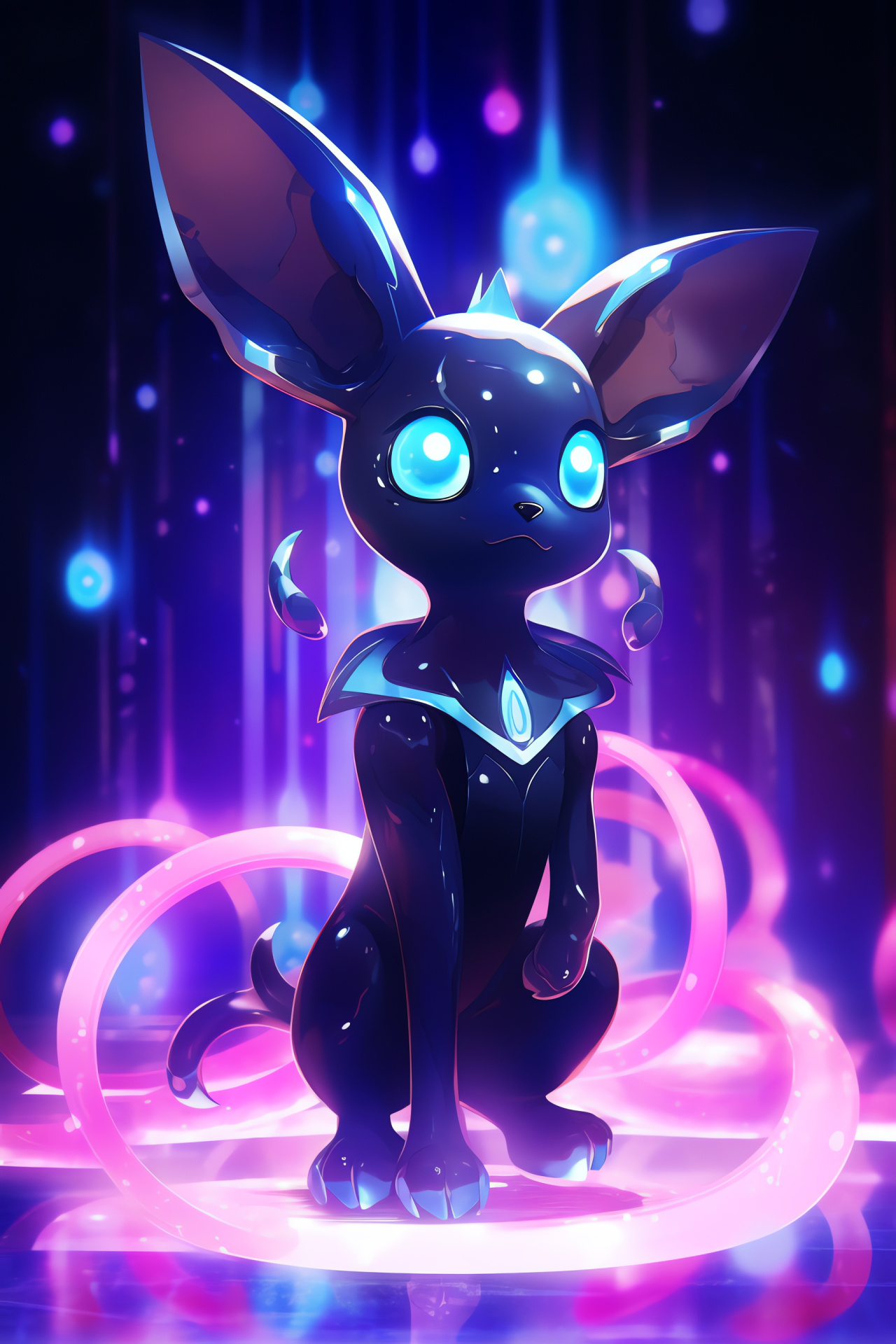 Shiny Umbreon Pokemon, Night scene, Luminous highlights, Dark-themed, Gaming icon, HD Phone Image