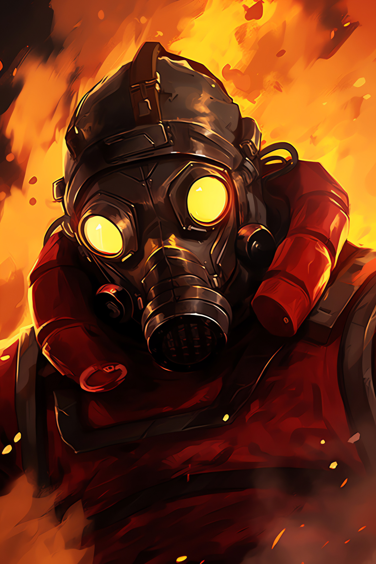 Pyro Team Fortress, Intense virtual battle, Iconic gas mask, Player gaming strategy, Virtual world inferno, HD Phone Wallpaper