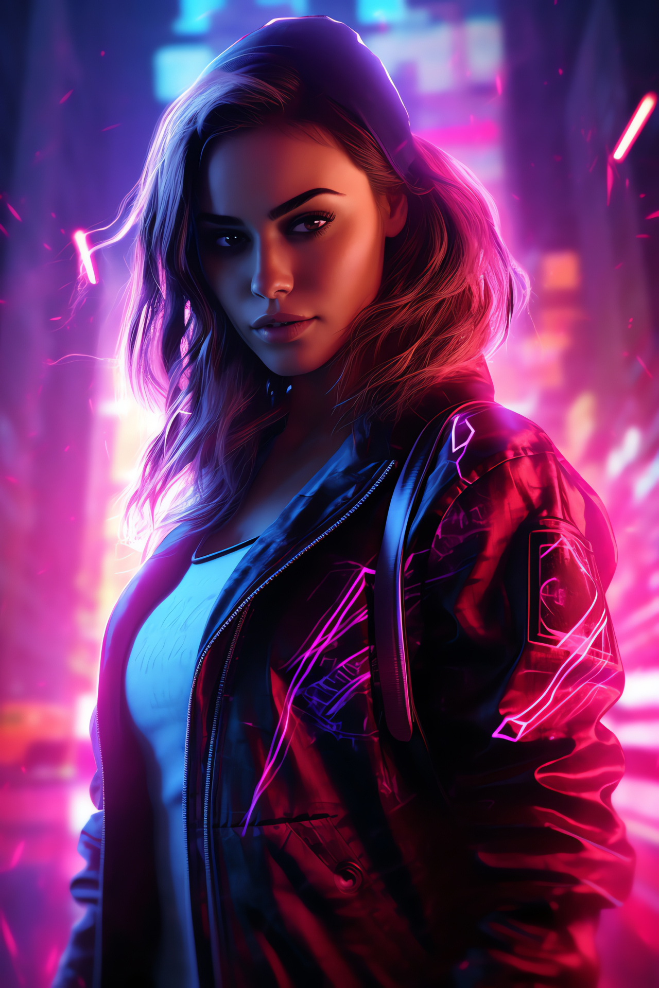 NFS Most Wanted character, Mia Townsend intensity, Expressive brown eyes, Ambience with glowing energy, Game narrative, HD Phone Wallpaper