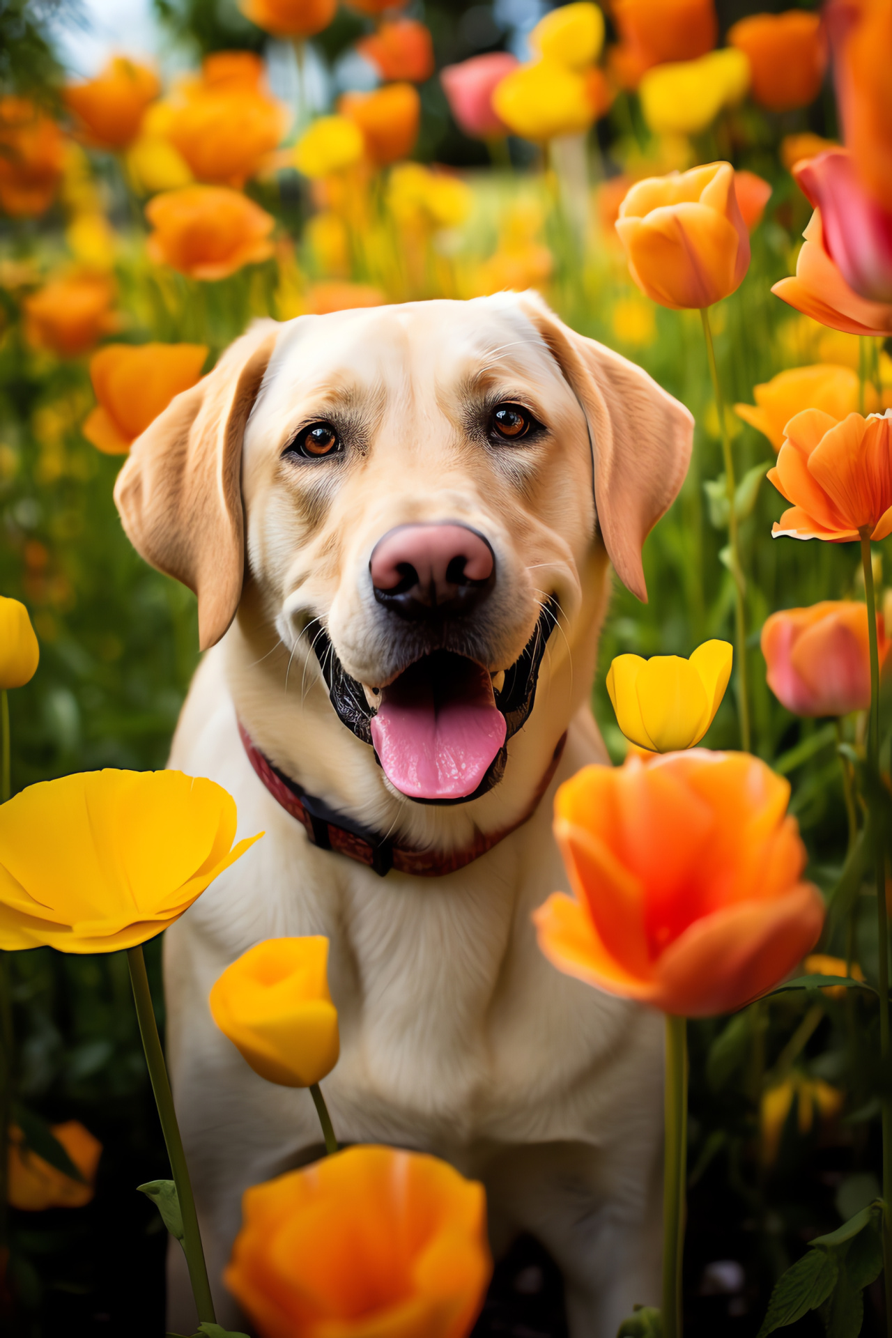 Labrador in flora, Playful dog, Vibrant petals, Outdoor animal portrait, Petaled proximity, HD Phone Image