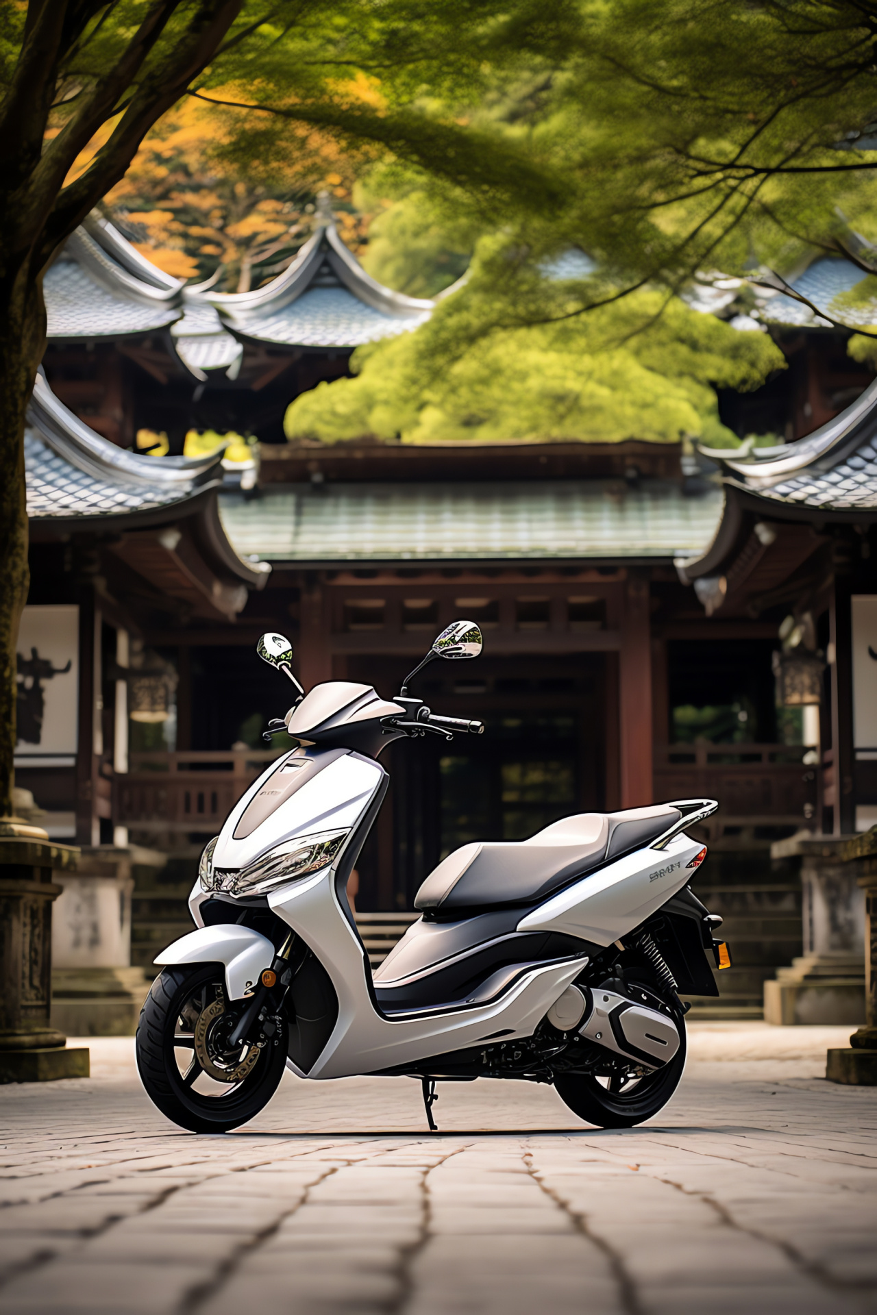 Suzuki Burgman scooter, Kyoto's traditional charm, Scooter in historic streets, Full-length city exploration, Japanese temple vicinity, HD Phone Wallpaper