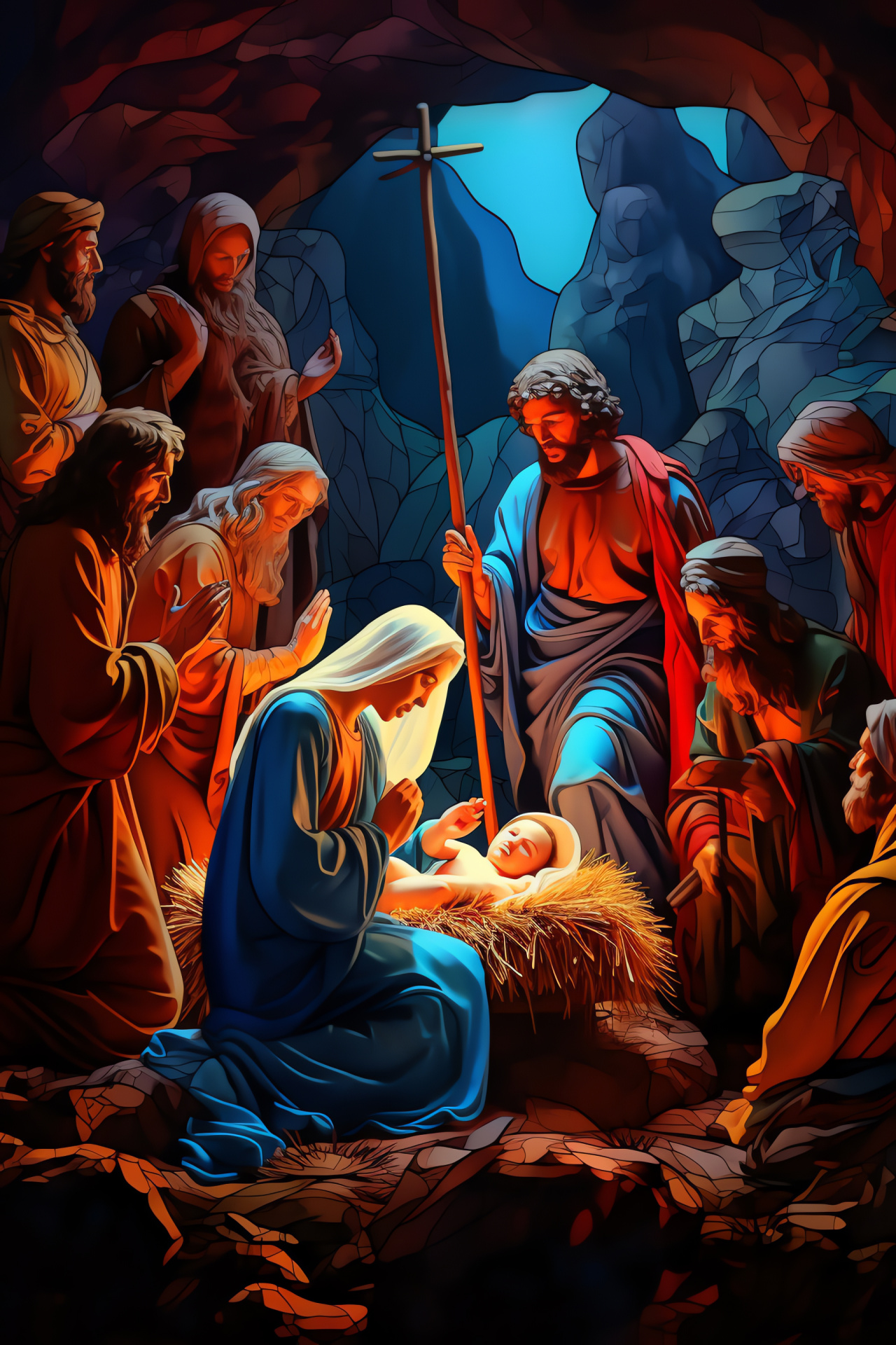 Christian tradition, Holy scene, Bethlehem depiction, Religious figures, Solemnity, HD Phone Image