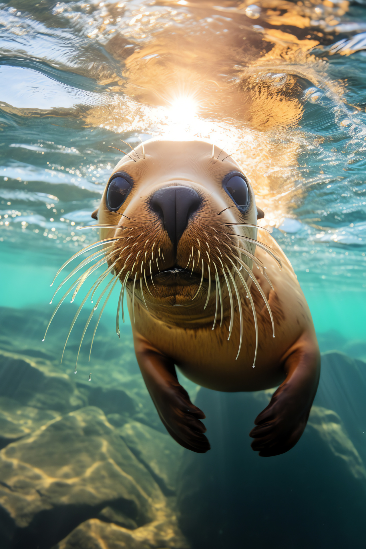 Galapagos Sea Lion, Playful marine animal, Short brown pelage, Golden ambient illumination, Expressive marine mammal, HD Phone Wallpaper