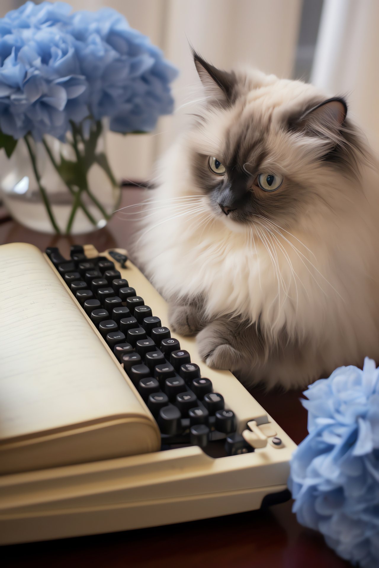 Ragdoll cat, Caf setting, Feline charm, Typewriter nostalgia, Creamy fur texture, HD Phone Wallpaper