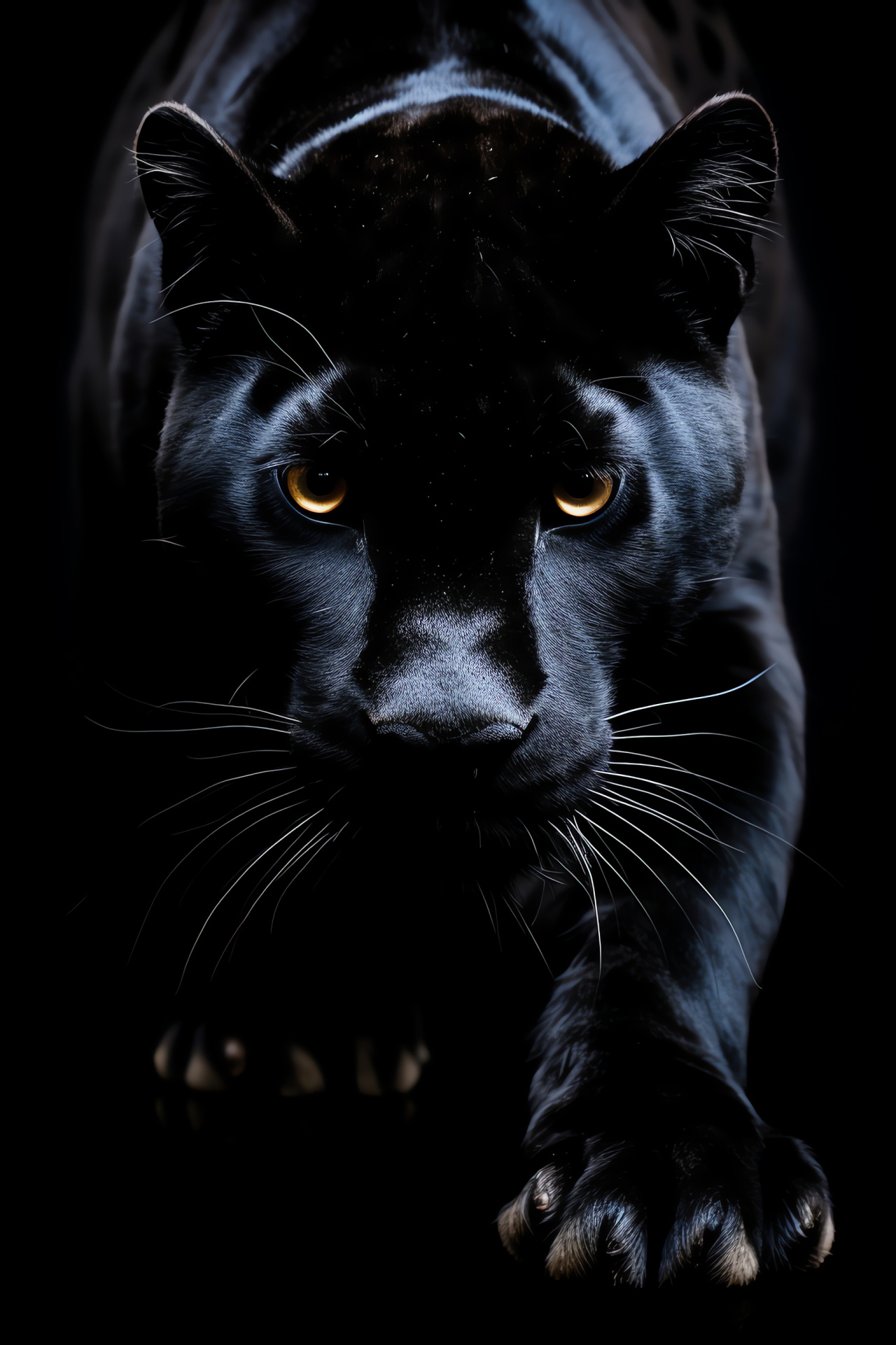 Wild feline print, Panthera tracks, darkened scene, ebony fur texture, golden gaze intensity, HD Phone Wallpaper