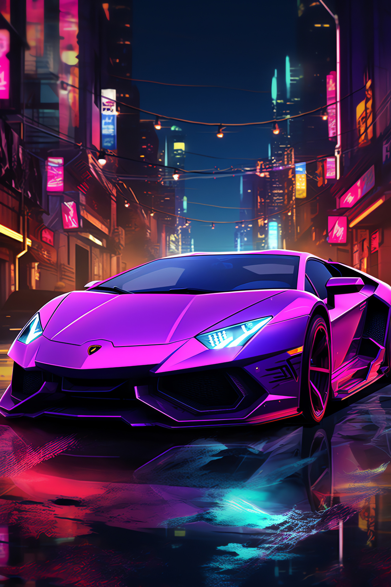 Lamborghini with neon, Futurist vehicle art, Cyberpunk automobile, Urban landscape art, Modern car, HD Phone Wallpaper