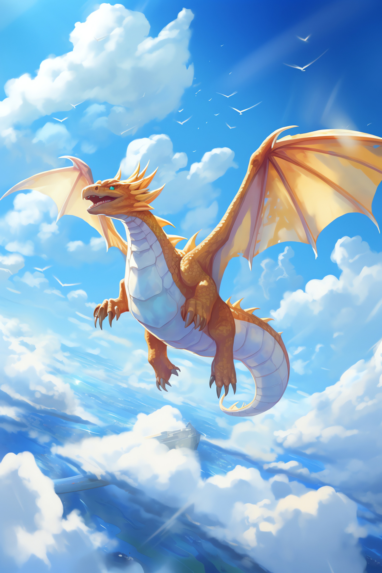 Pokemon Dragonite, Celestial backdrop, Azure clearness, Flying stance, White billows, HD Phone Image