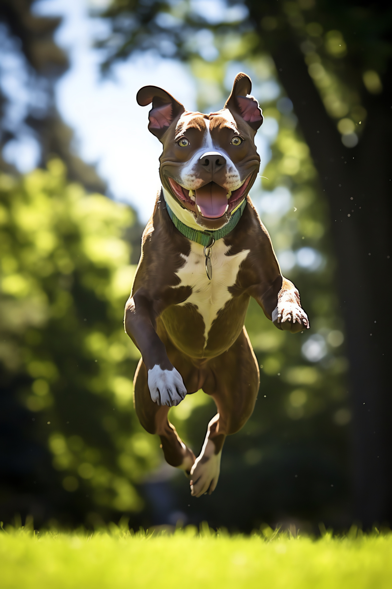 Active Pit Bull, Backyard energy, Brindle fur display, Canine playtime, Green-eye focus, HD Phone Image