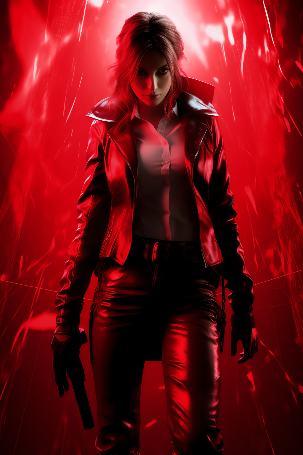 Claire Redfield, emerald gaze, scarlet locks, darkened attire, archaic weaponry, HD Phone Wallpaper