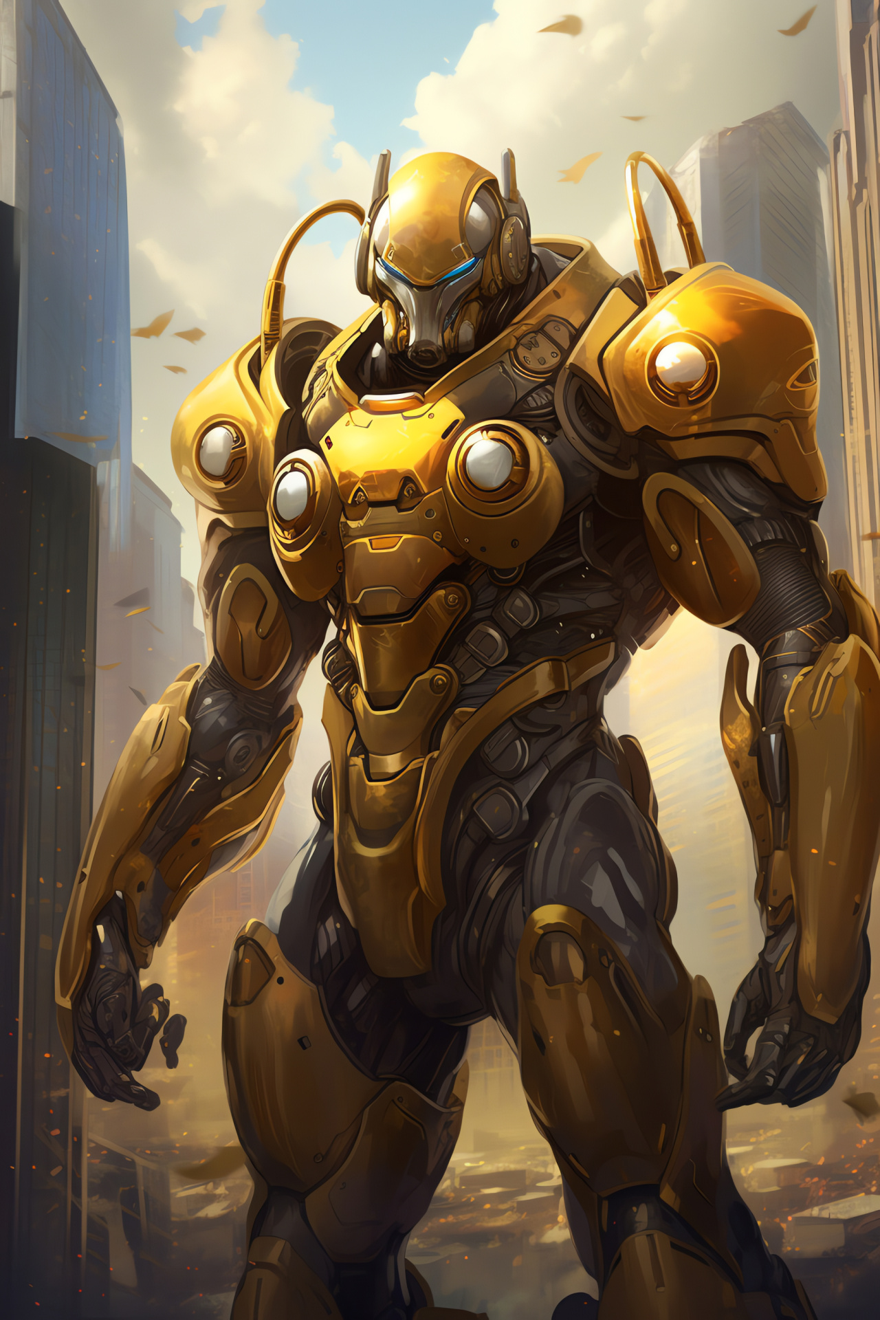 Overwatch Orisa, omnic tank, Numbani protector, golden reinforcement, metropolitan backdrop, HD Phone Wallpaper