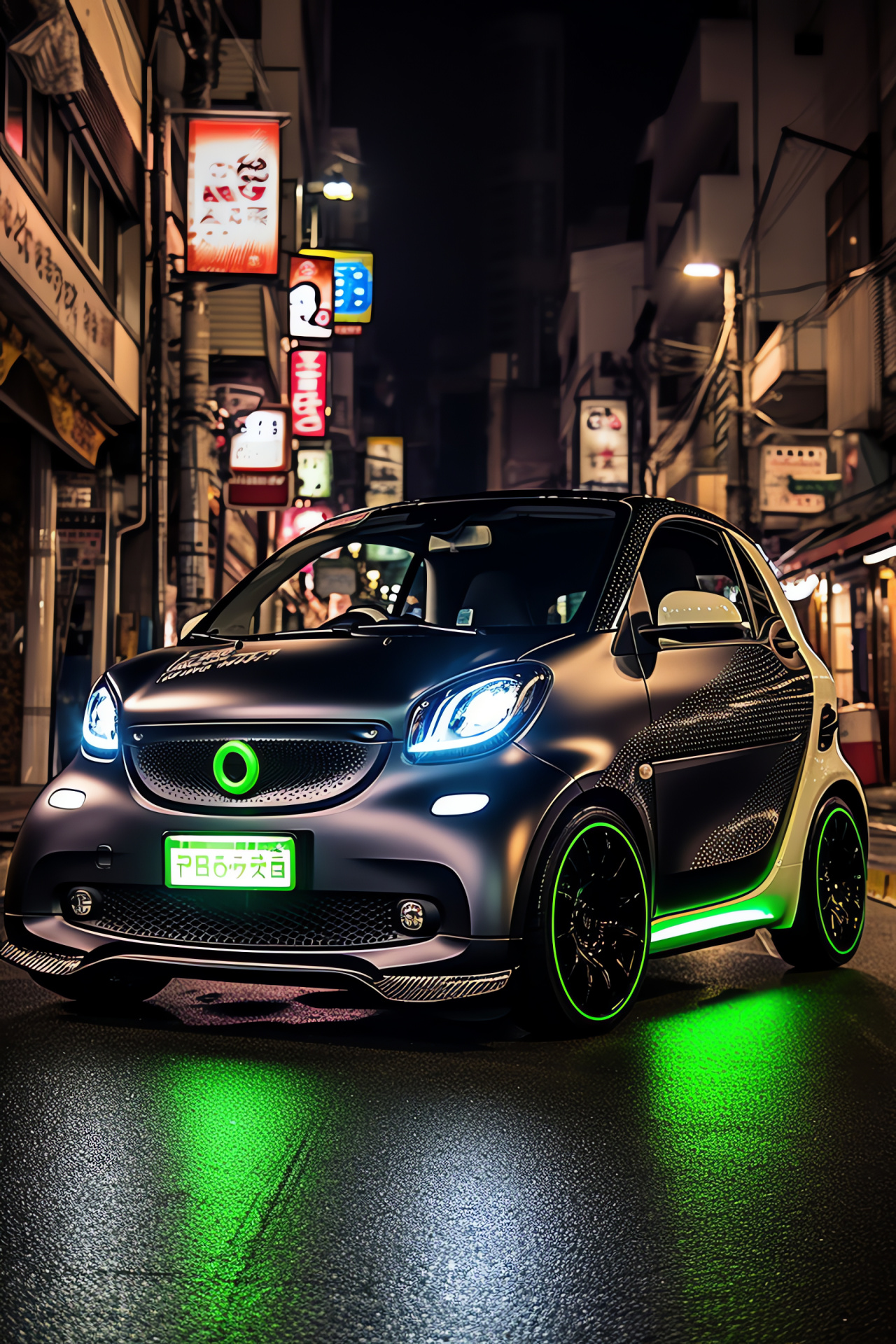 Smart Car as Tokyo taxi, electric urban vehicle, vibrant city lights, compact transportation solution, modern mobility, HD Phone Image