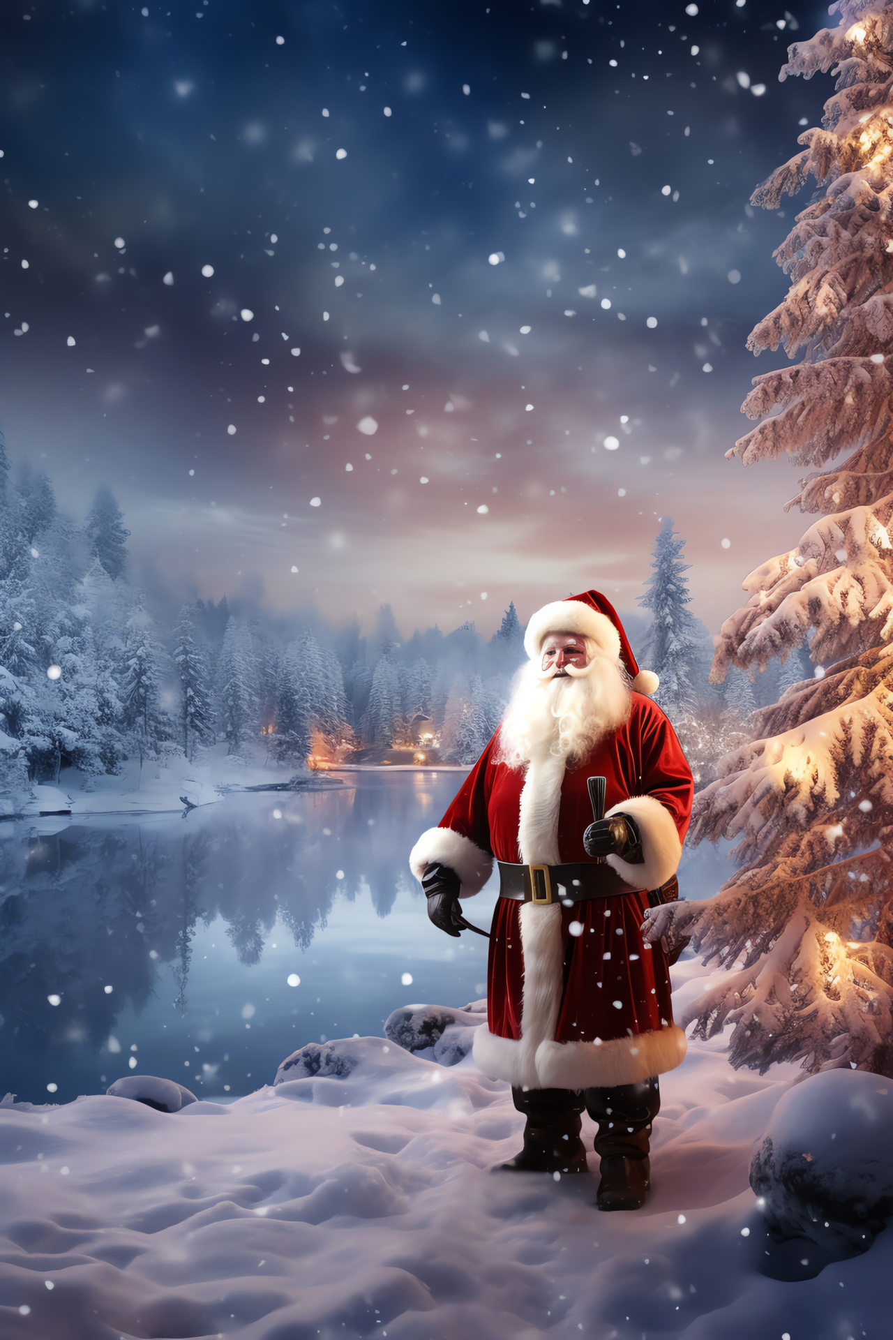 Father Christmas, icy expanse, glacial reservoir, coniferous forest, nocturnal glimmer, HD Phone Wallpaper