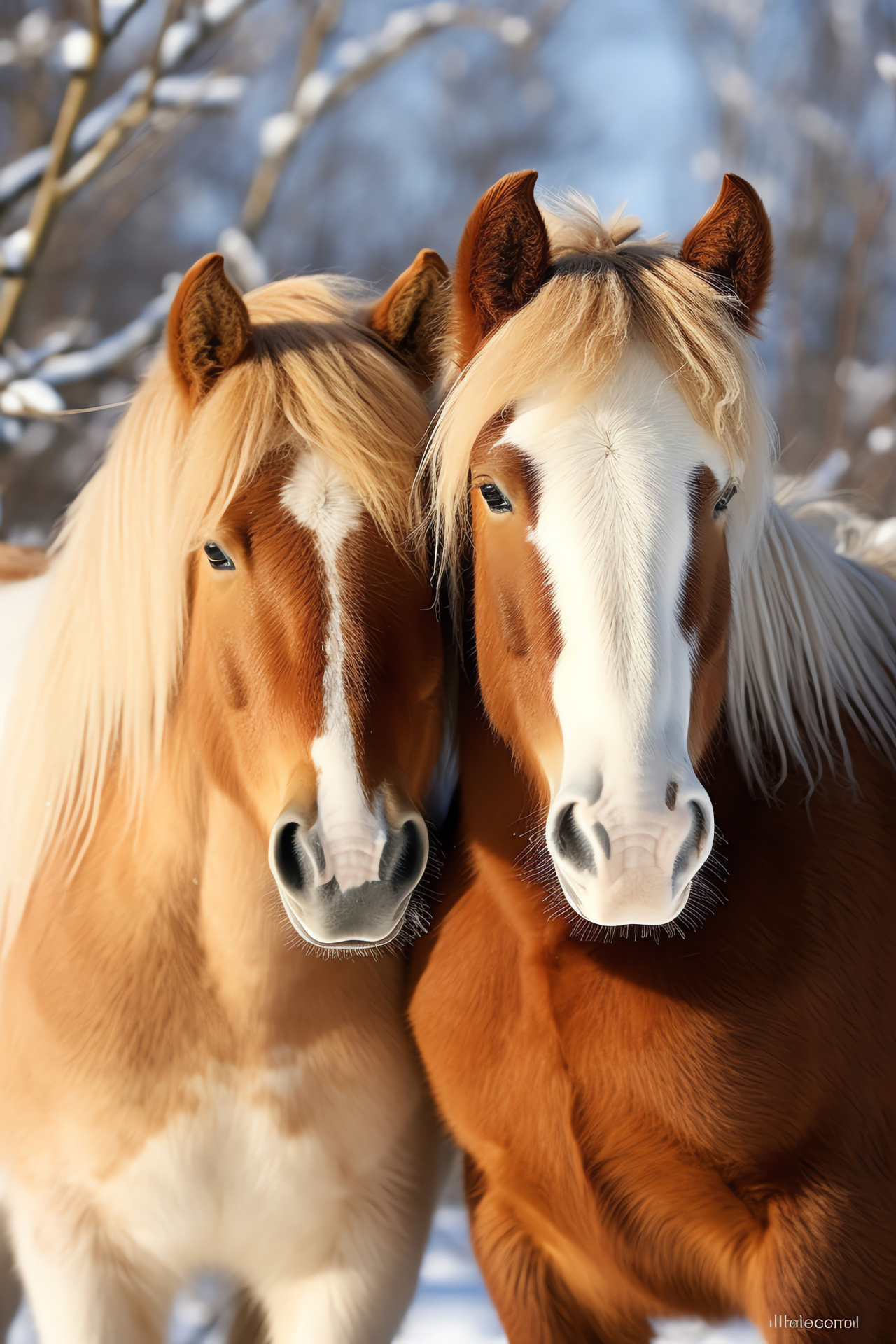 Horses, icy meadow, nut-brown complexion, bright hair, tranquil environment, HD Phone Wallpaper