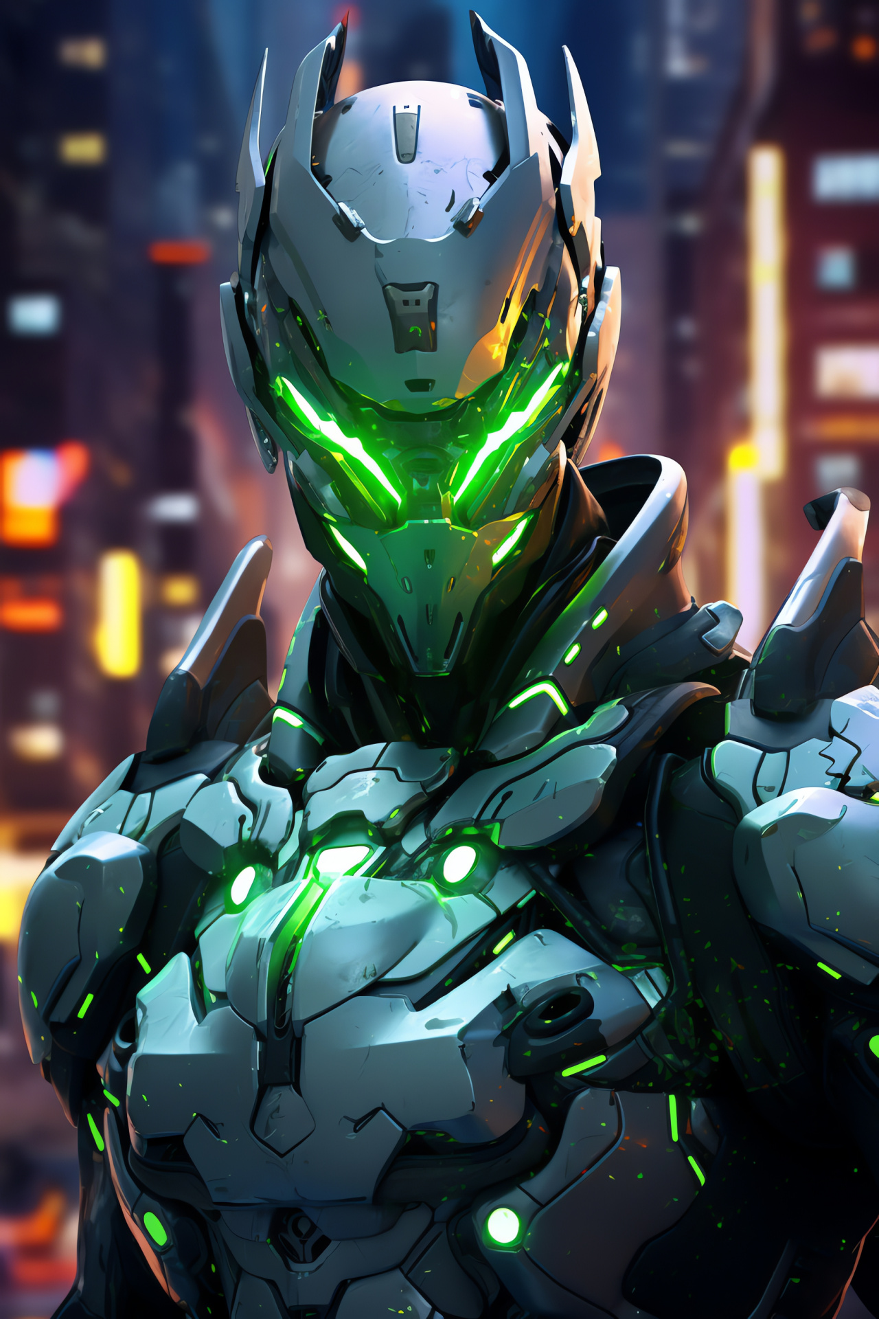 Ninja Genji pose, Cybernetic Overwatch character, Busan Overwatch map, Sleek ninja design, Game city atmosphere, HD Phone Image