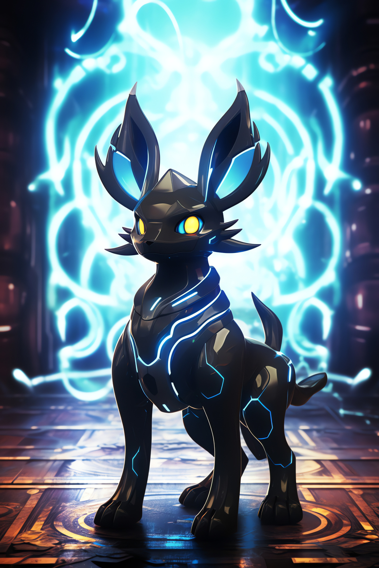 Iconic Shiny Umbreon, jet-black fur, nocturnal neon lights, gaming character, virtual Pokemon world, HD Phone Wallpaper