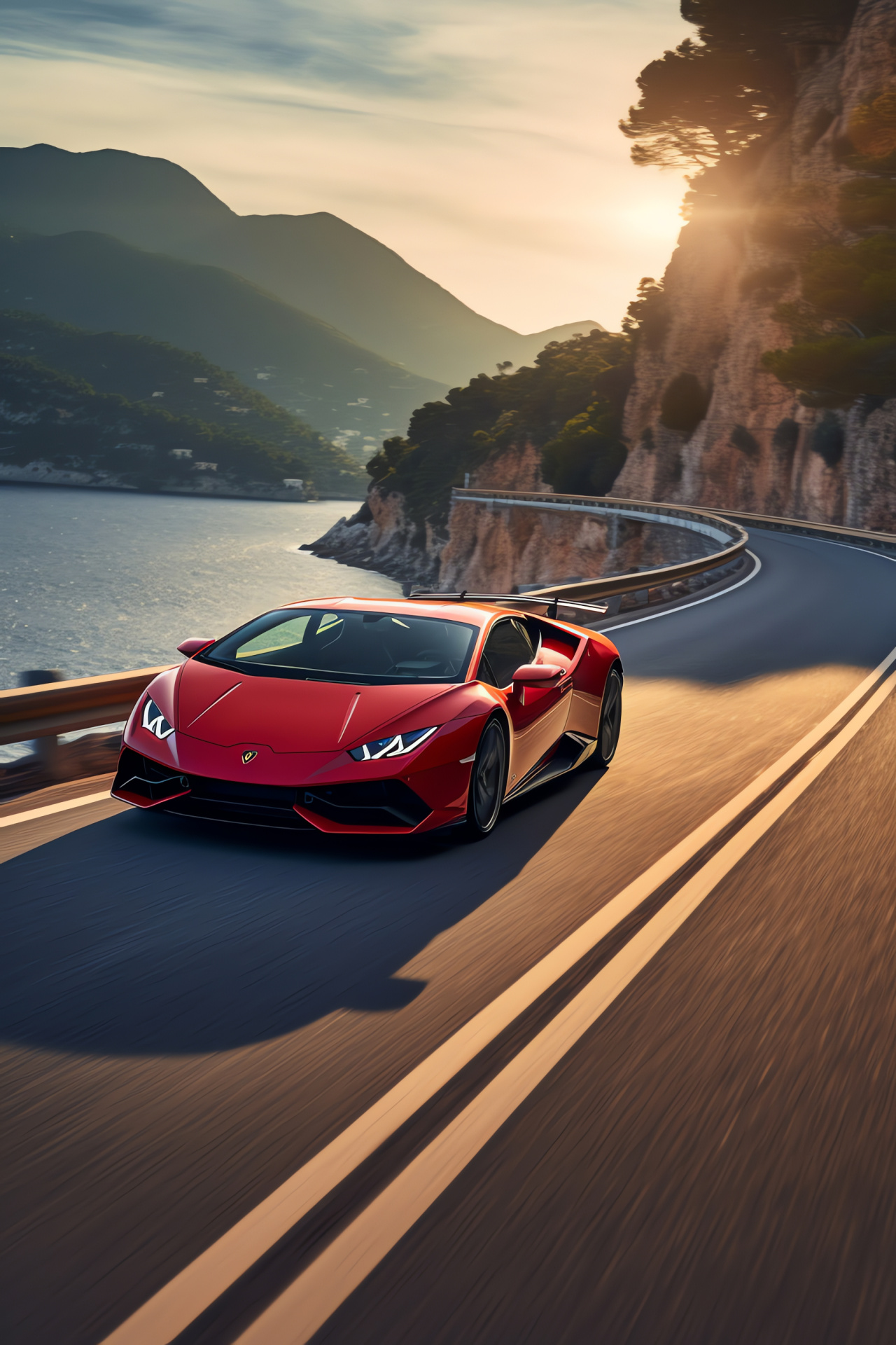 New Lamborghini release, Huracan STO variant, Cte d'Azur backdrop, dynamic red presentation, coastline view, HD Phone Image