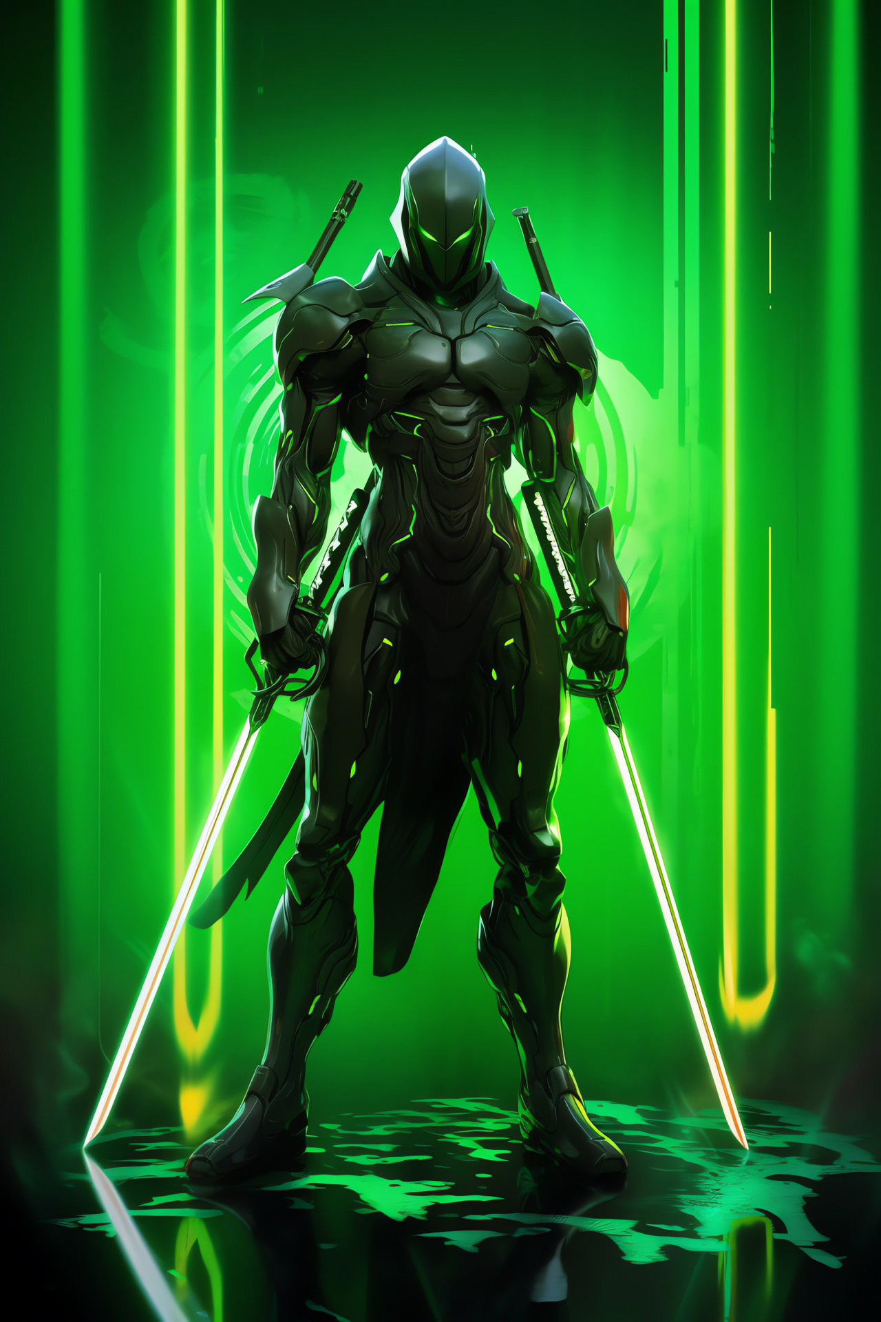 Overwatch Genji, agile vigilante, shimmering eyes, warrior stance, legendary blade, HD Phone Image