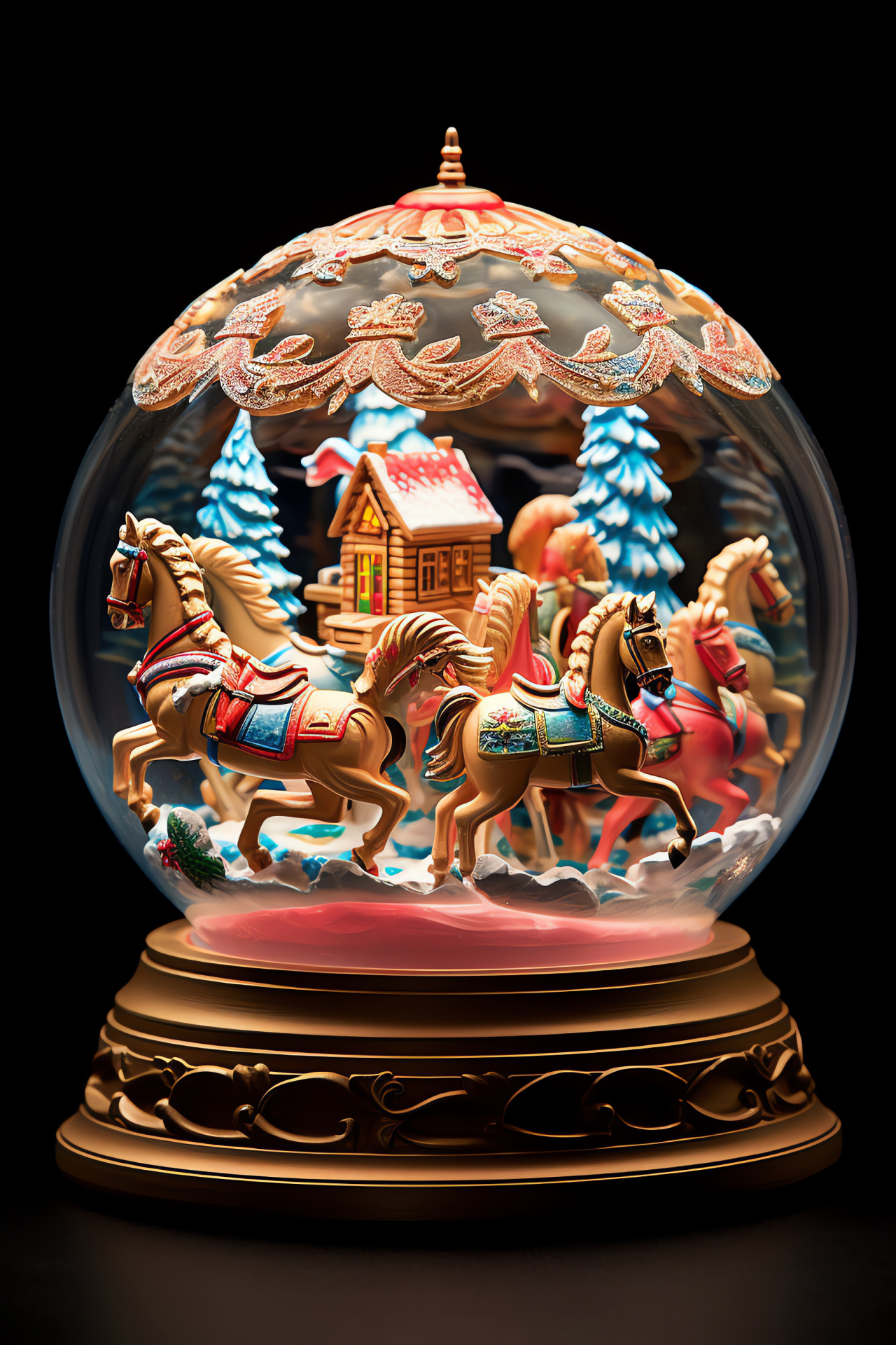 Handcrafted snow globe, Winter fair theme, Spinning merry-go-round, Artistic color display, Cavalry merry-gallop, HD Phone Image