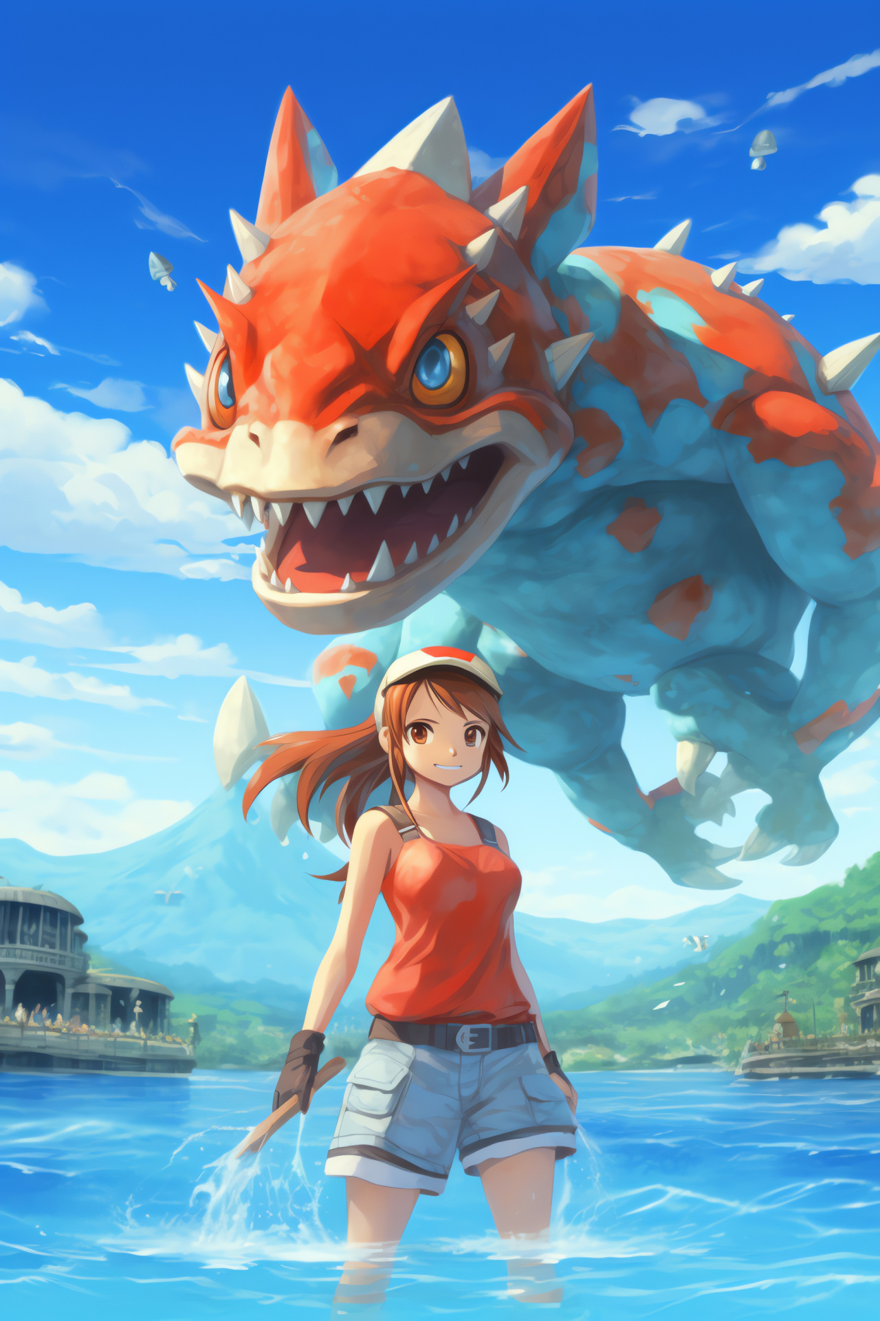 Gym Leader Misty, Water Pokmon battle, Cerulean City locale, Aquatic theme, Oceanic backdrop, HD Phone Image