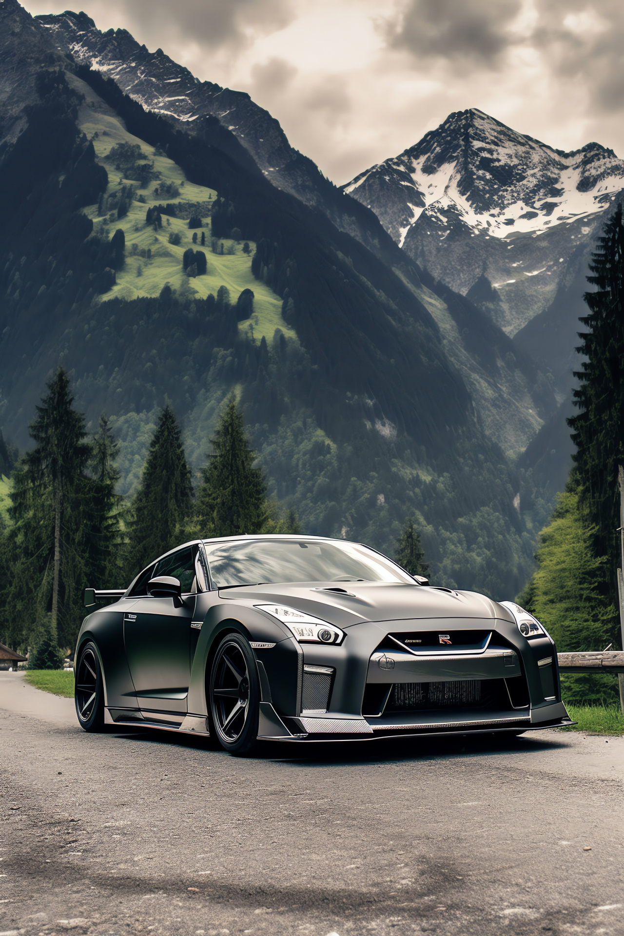 Nissan GTR Liberty Walk, Swiss terrain, mountainous routes, performance tuning, alpine scenery, HD Phone Image