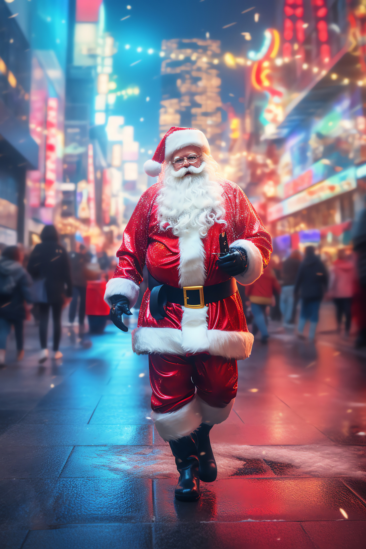 Santa urban spectacle, Metropolitan seasonal sparkle, Holiday ornamentation, Nighttime city thrills, Revelry in the metropolis, HD Phone Image