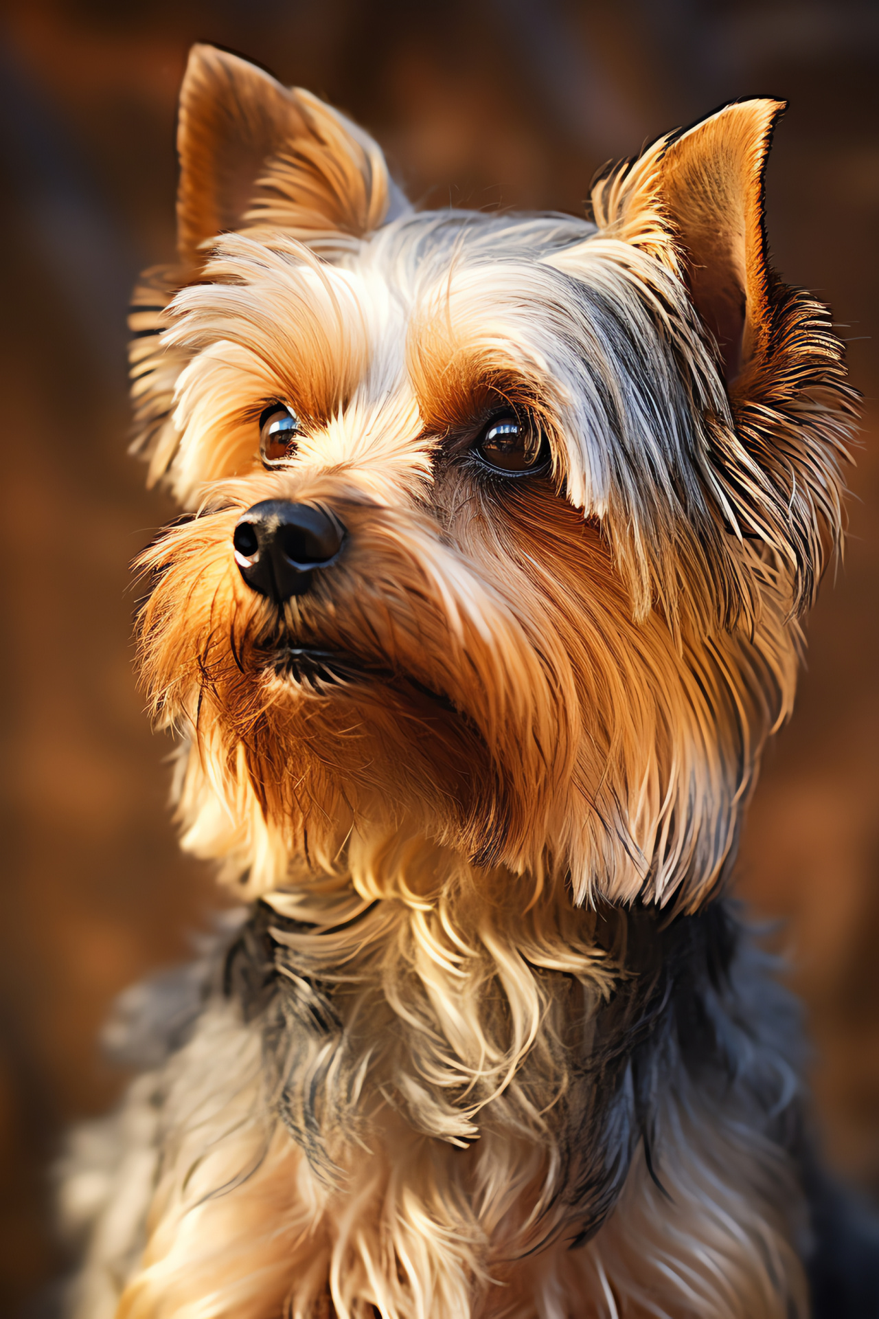 Adult Yorkshire Terrier, engaging canine close-up, shiny eyes, glossy tan fur, small domestic breed, HD Phone Image